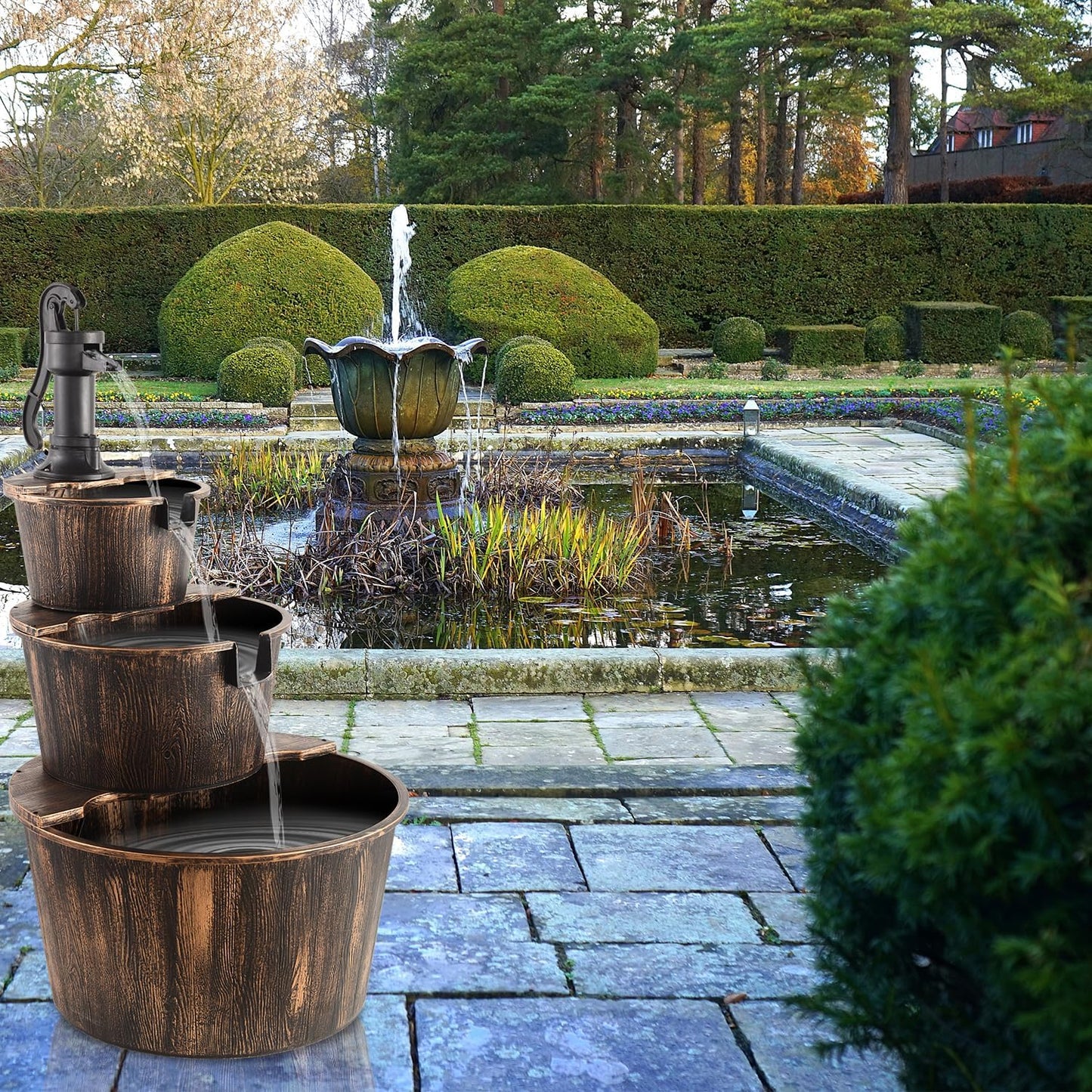 YI 40-Inch 3 Tier Barrel Waterfall Fountain Outdoor Water Fountains Barrel Wood 3-Tier Freestanding Rustic Pump for Garden Patio Backyard Porc