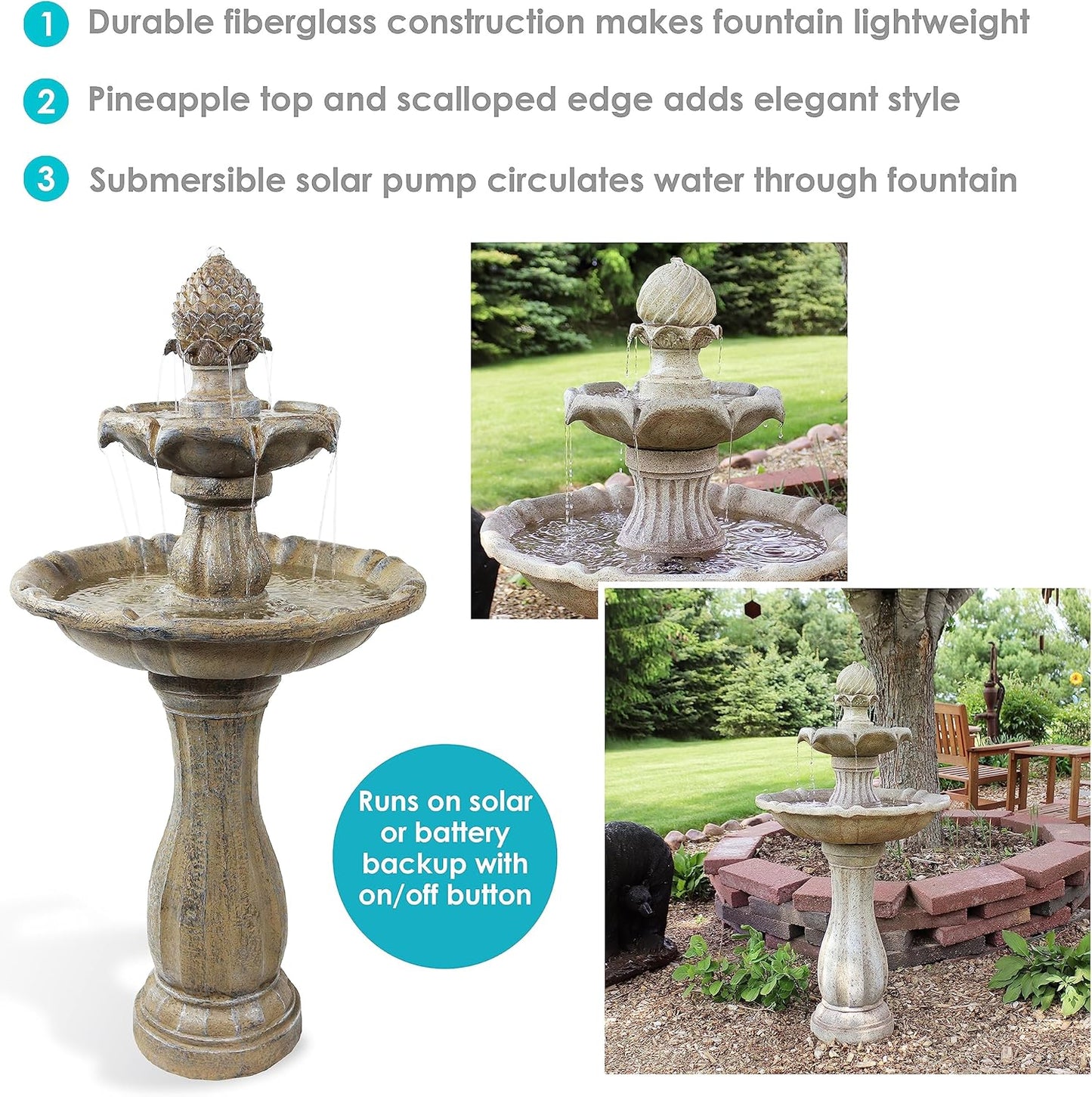 Sunnydaze Pineapple 46-Inch 2-Tier Outdoor Solar Fountain - Decorative Water Fountain with Pump for Garden, Patio, Yard or Balcony - Earth Finish