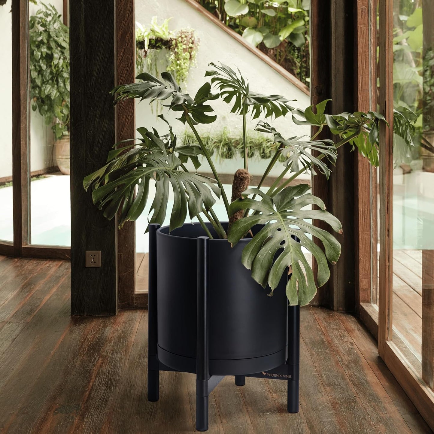 D'vine Dev Planter Pot with Stand - 16 Inch Plastic Cylinder Flower Pot with Wood Planter Holder for Indoor, Matte Black Pot + Ebony Stand, 55-C-Z-2