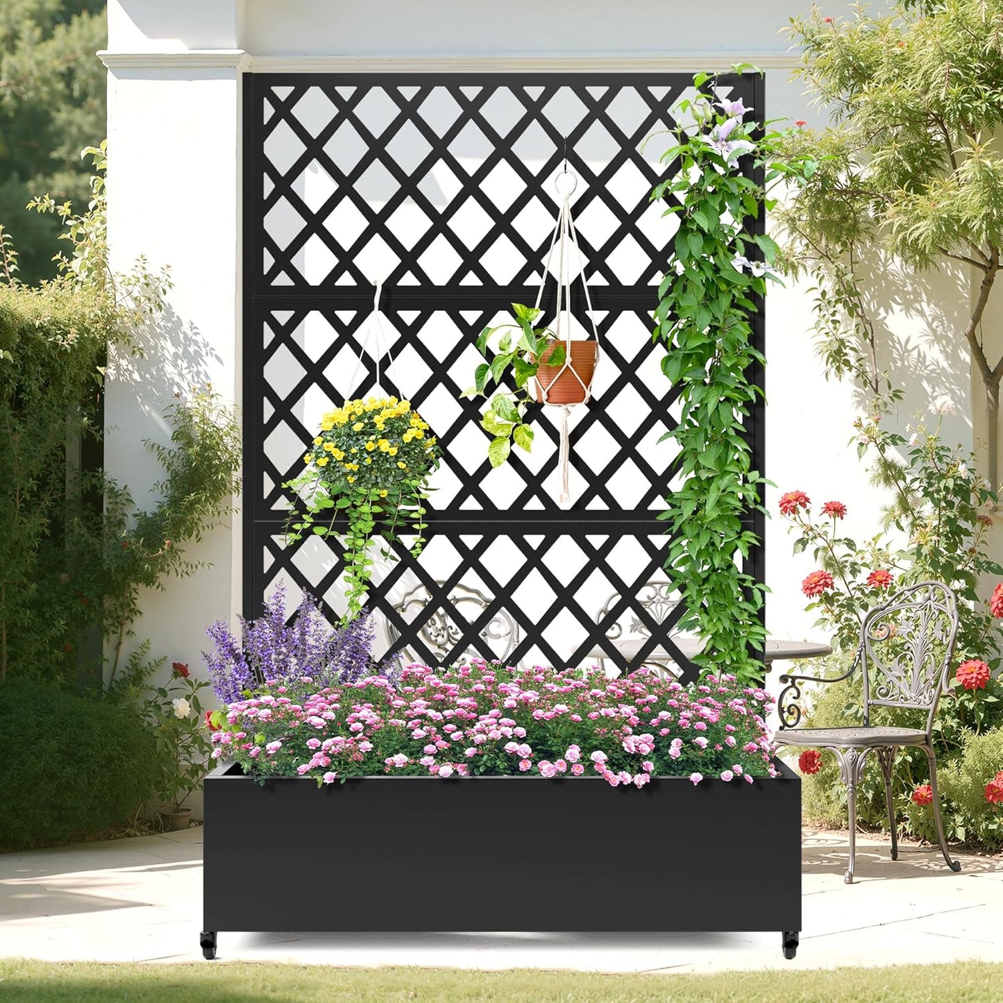 Metal Planter Box with Trellis, Heavy-Duty Raised Garden Bed for Climbing Plants, Drainage Hole, Outdoor Planter Box with Privacy Screen，47''L×16''W×71''H