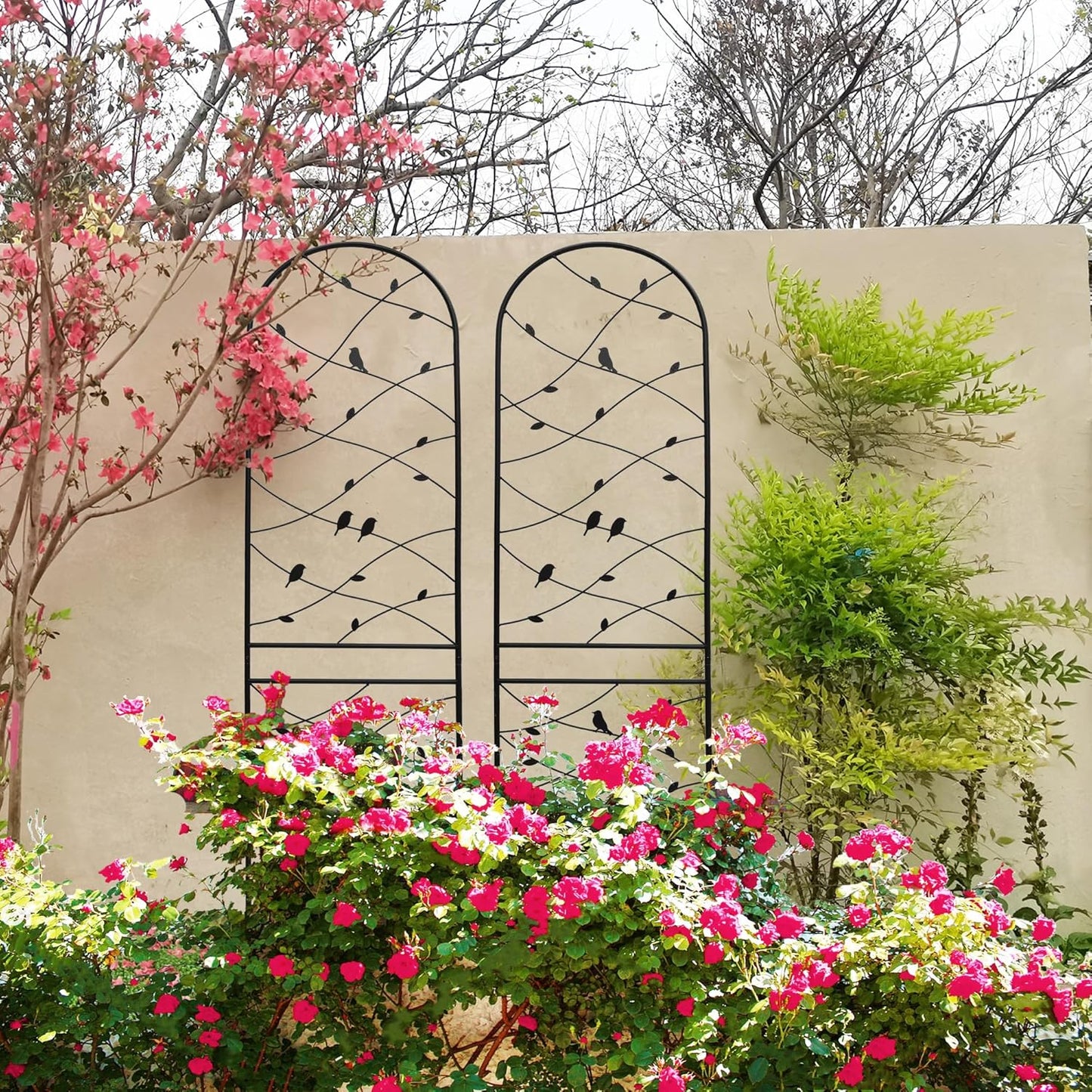 4 Pack Metal Garden Trellis 86.7" Tall Outdoor Climbing Plant Support for Roses, Flowers, Rustproof Durable Black Galvanized Tube, Lawn Garden Fence Decor Screen (4, Black birds-86.7" H)