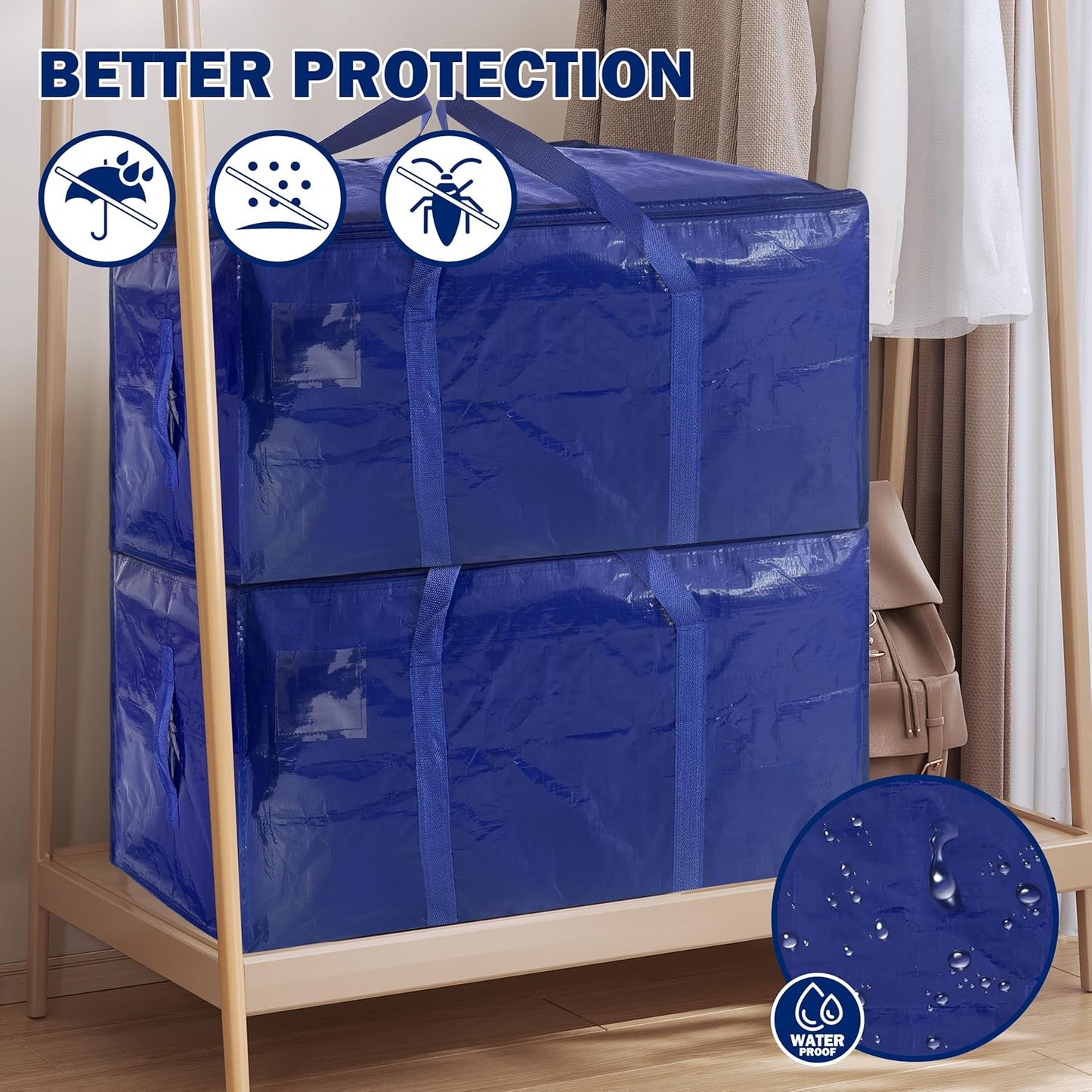 4 Pack Extra Heavy Duty Large Moving Bags with Strong Zipper & Carrying Handles, Sturdy Clothes Storage Bag Totes Bins, Packing Bags Moving Boxes College Moving Supplies, Dark Blue - 33 gal