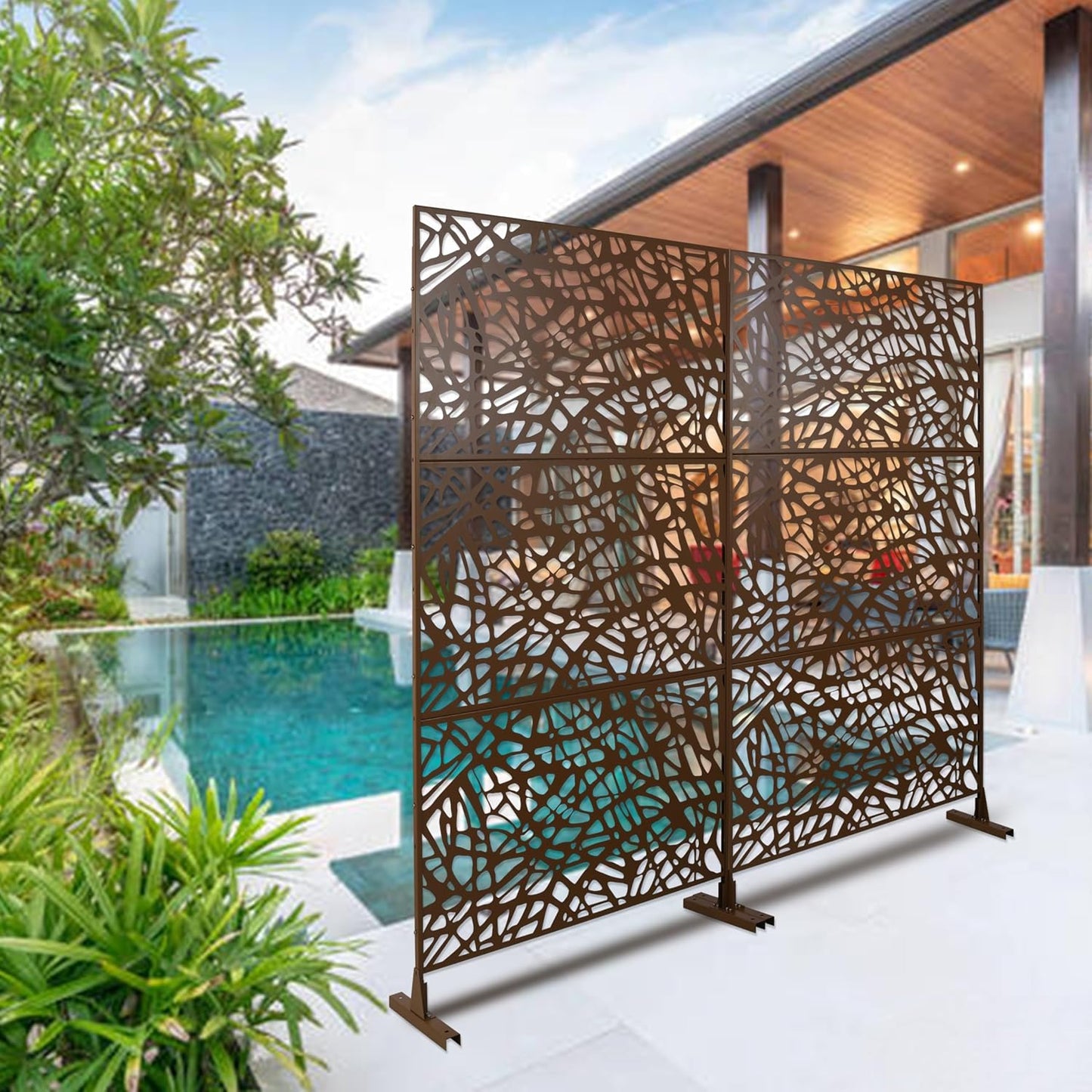 Metal Privacy Screens 76" H Outdoor Privacy Screens Panels Outdoor and Indoor Branch Pattern Divider Freestanding Decorative for Balcony Patio Garden Room Divider, Brown