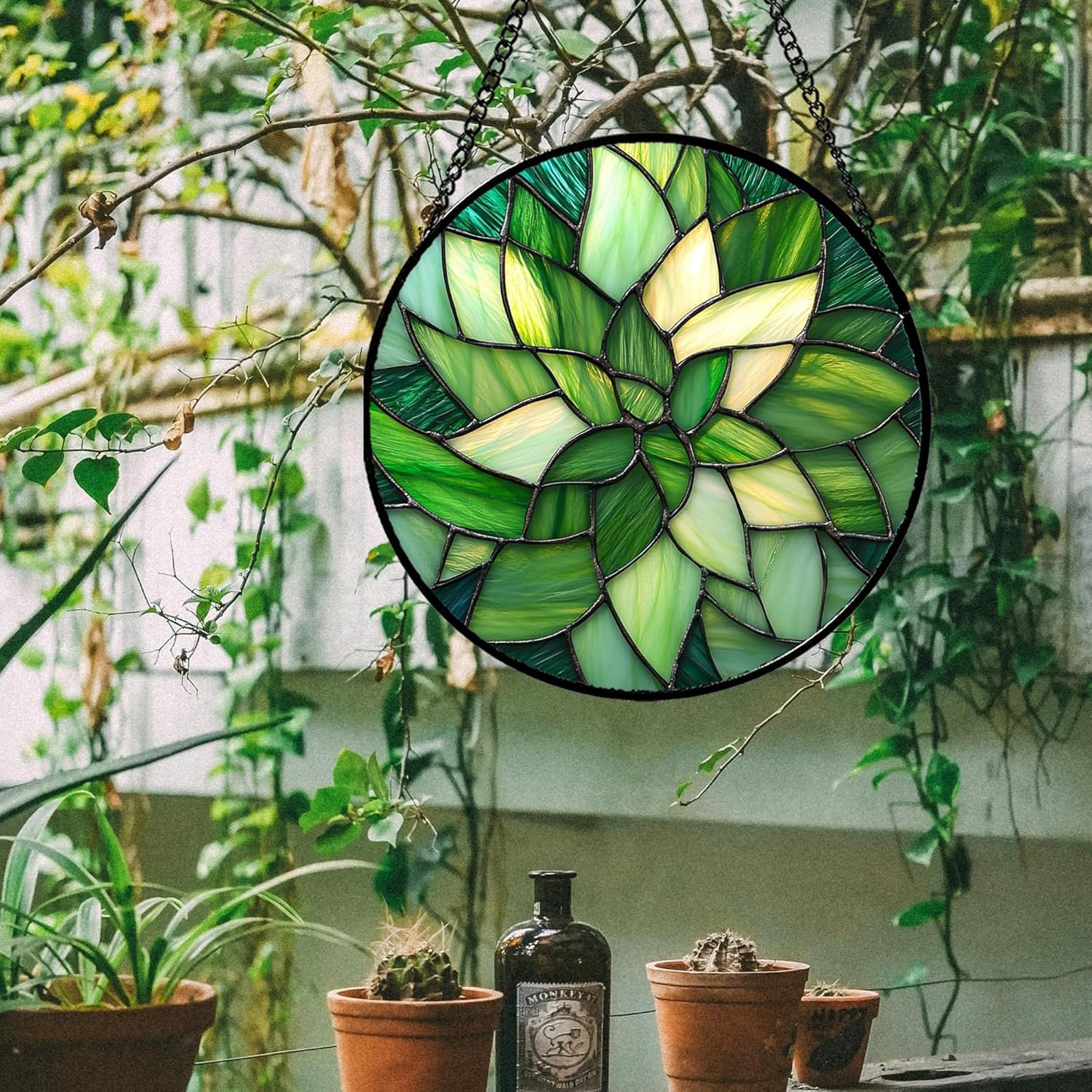 Stained Glass Window Hanging - Green Plants Suncatcher for Doors Garden Patio Flowers Sun Catchers Decor Christmas Mother's Day Birthday Gifts for Women Men Mom Nana Friend 6.3 in