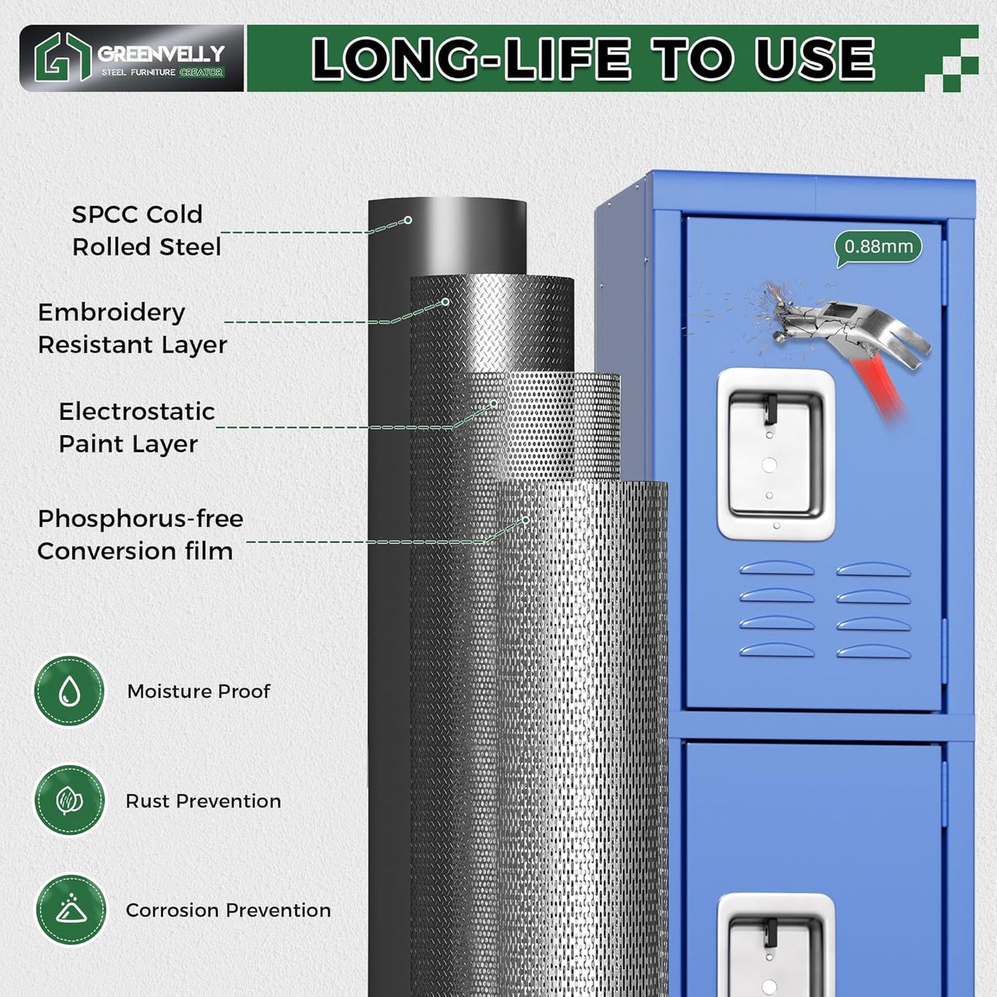Greenvelly Storage Locker for Employee,Office,Metal Gym Locker with 3 Door,Steel Blue Locker Cabinet Organization for School, Free Standing