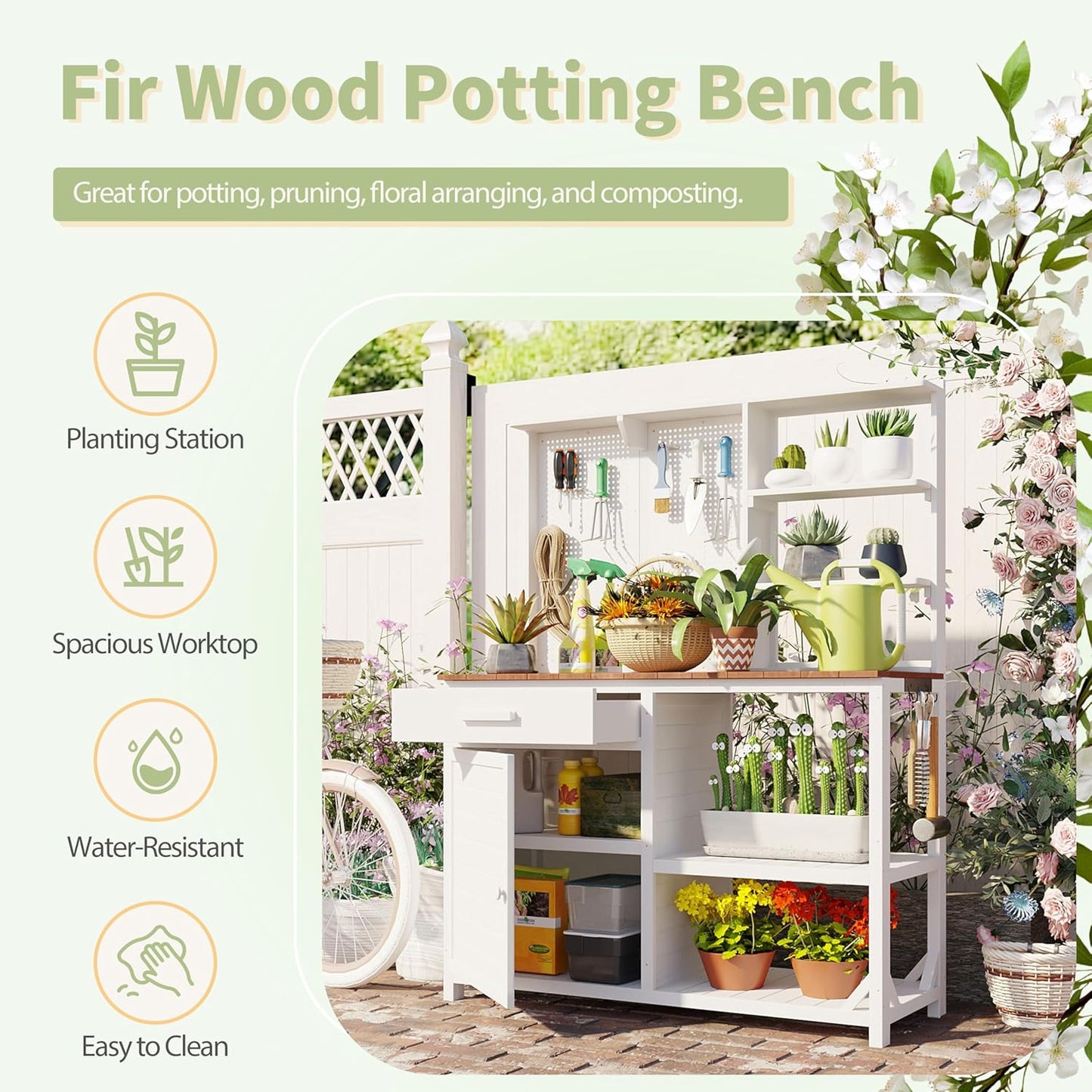 Fir Wood Potting Bench with Hutch - Outdoor Garden Workstation with 4 Shelves, Drawer & Adjustable Storage, 50.2" Countertop, & Pegboard (White + Wood + Rustic)