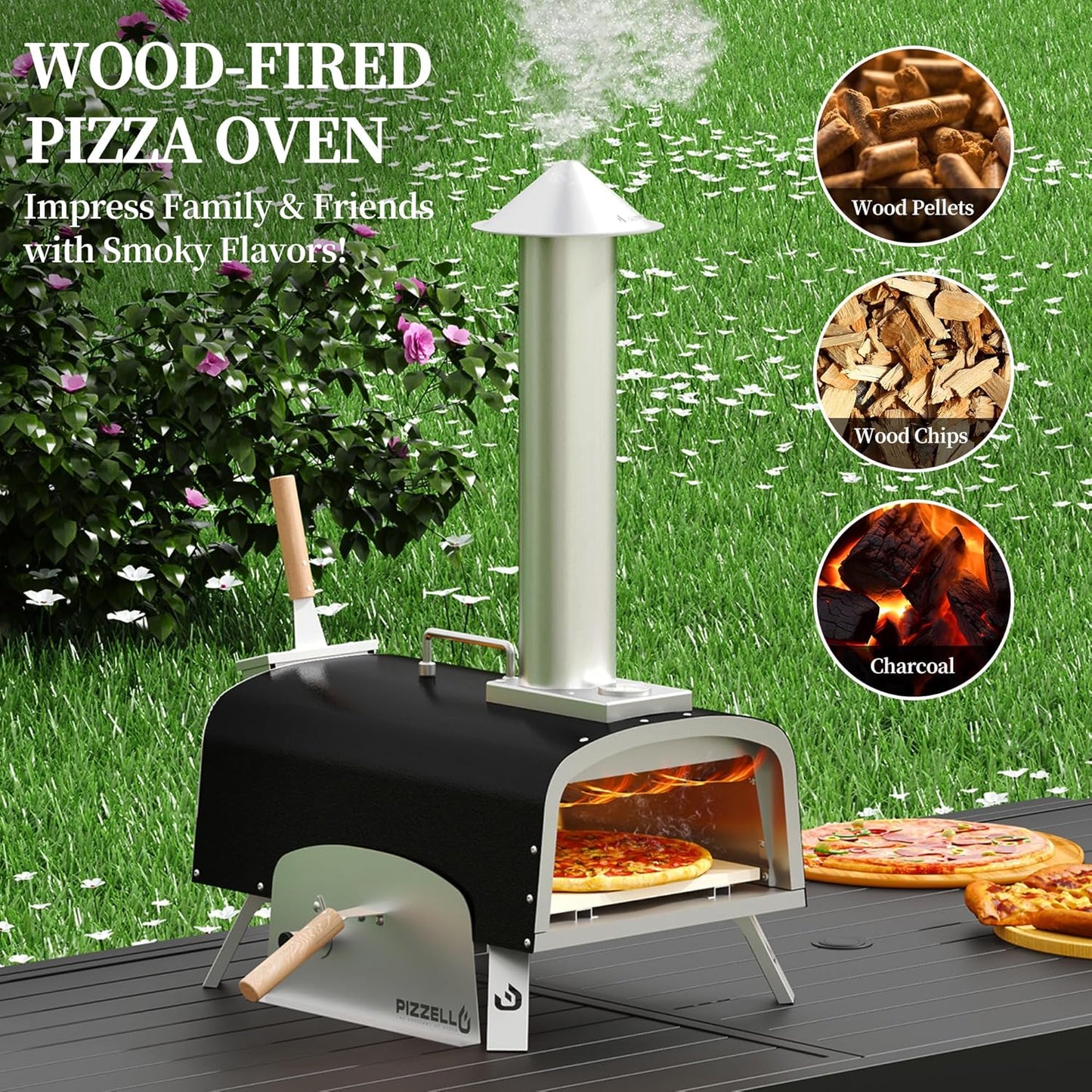 Portable Pellet Pizza Oven Outdoor Wood Fired Pizza Ovens Included Pizza Stone, Pizza Peel, Fold-up Legs, Cover, Pizzello Forte (Black)