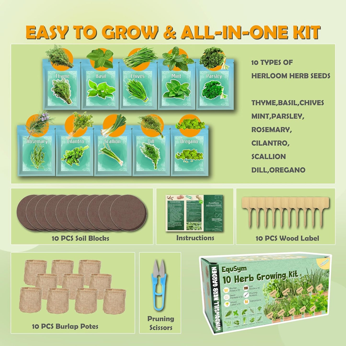 10 Herb Window Garden Kit Indoor - Herb Seeds for Indoor & Outdoor Gardening, Seeds for Planting, Gardening Gift for Kid Mother's Day Women, Complete Herb Growing Kit with Pots, Soil, Basil, Mint