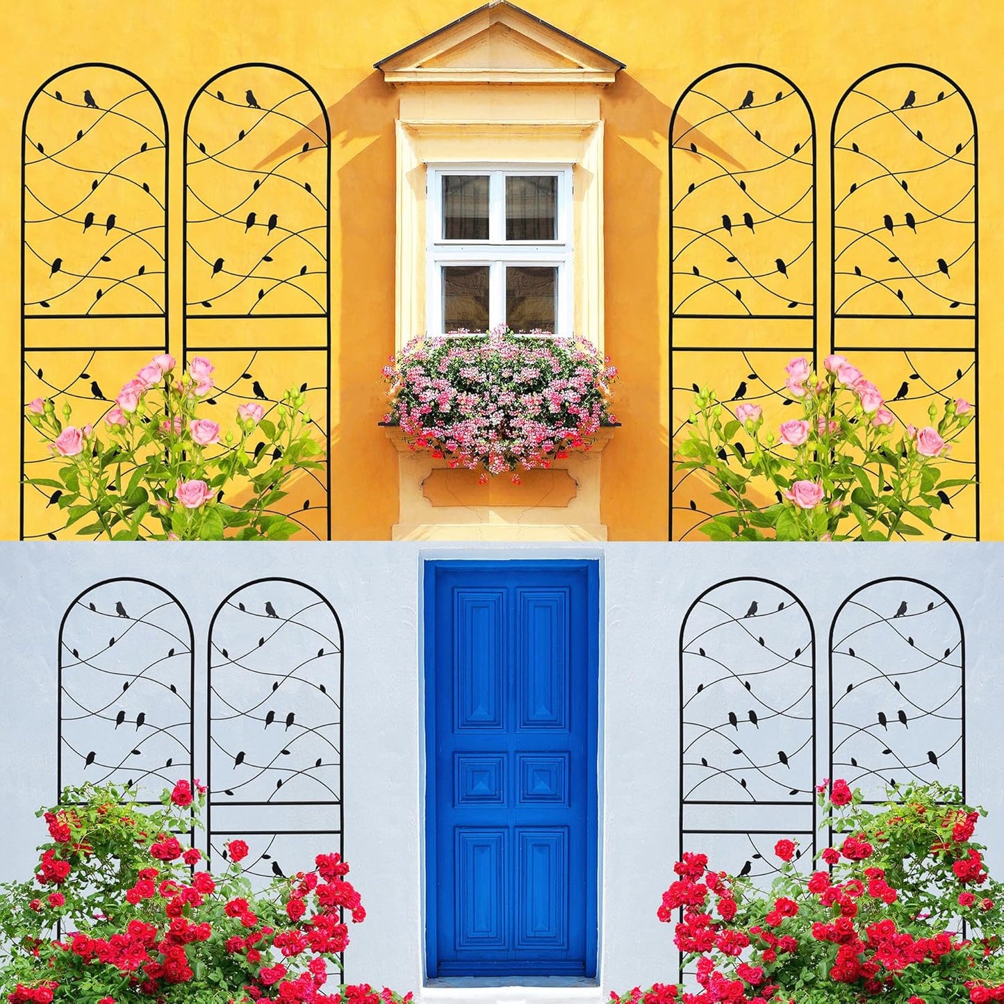 4 Pack Metal Garden Trellis 71" Tall Outdoor Climbing Plant Support for Roses, Flowers, Rustproof Durable Black Galvanized Tube, Lawn Garden Fence Decor Screen (4, Black birds-71 H)