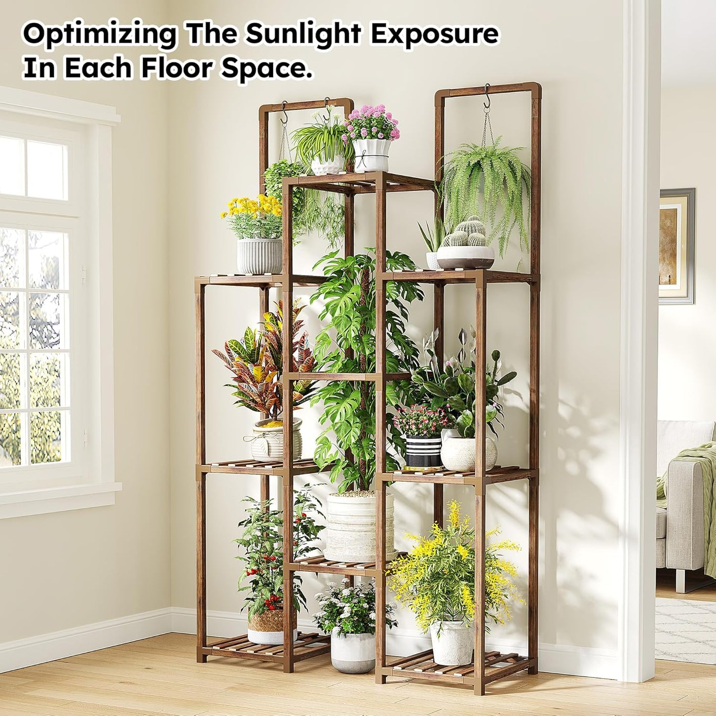 EnHomee Plant Stand Indoor Wood Plant Stand Outdoor Plant Shelves for Multiple Plants Stands with 11-16 Potted for Living Room Patio Balcony Yard Garden 34.2''W×11.8''D×47.4''H