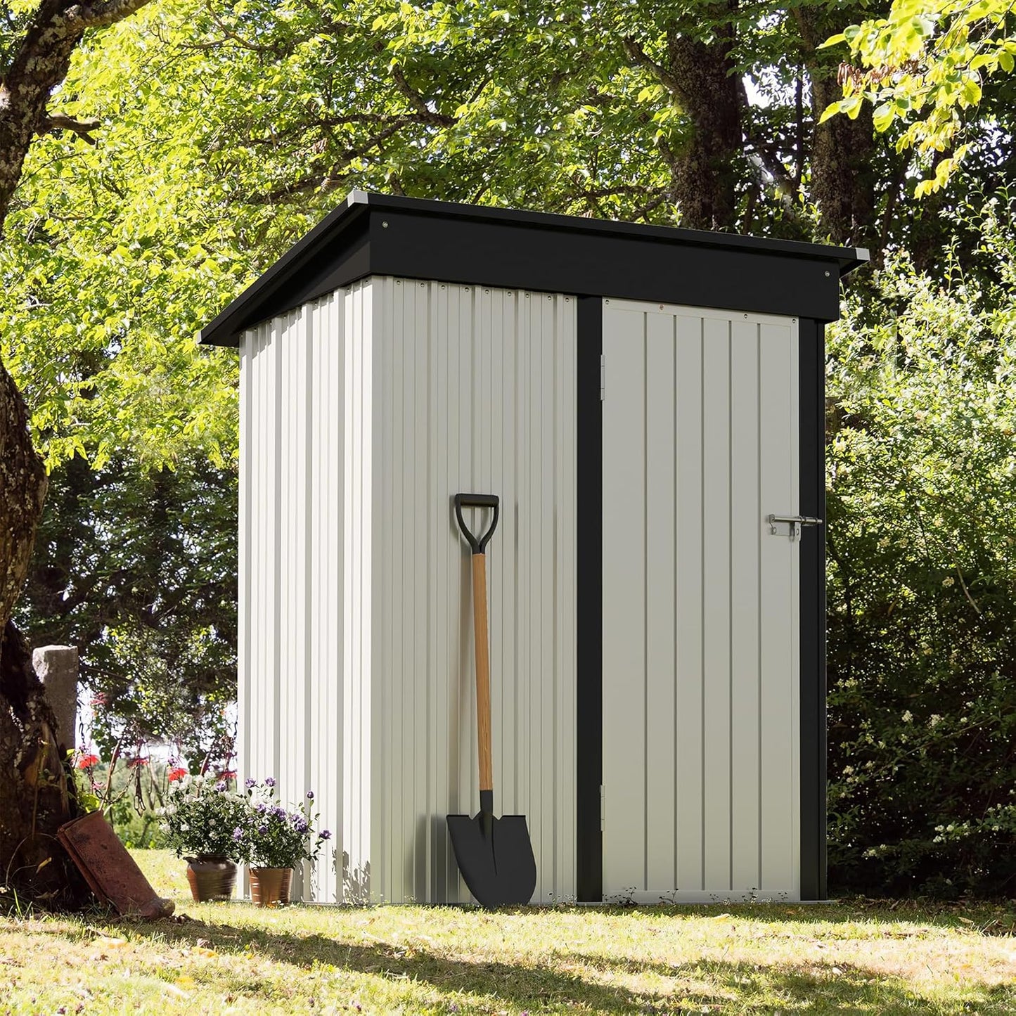 Devoko Outdoor Storage Shed 5 x 3 FT Lockable Metal Garden Shed Steel Anti-Corrosion Storage House with Single Lockable Door for Backyard Outdoor Patio (White)