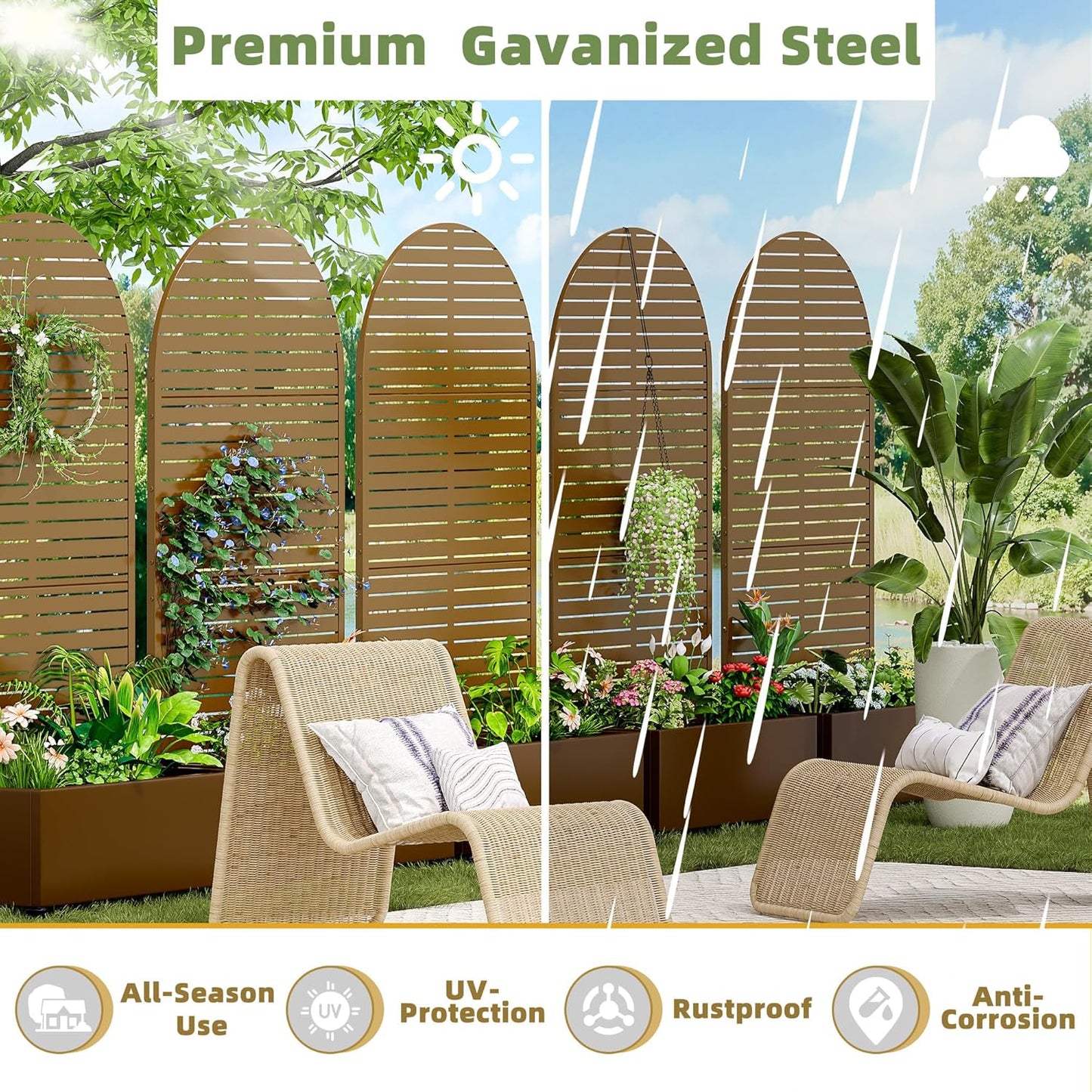 Casaphoria Metal Raised Garden Bed with Trellis and Wheels, 72"x35"x16" Arched Planter Box for Climbing Plants, Vegetables & Vines, Features Drainage Holes and Privacy Screen (Brown-Louvered)