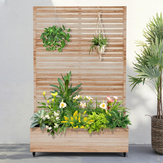 FENCY Metal Raised Garden Bed with Wheels and Trellis,73"x47"x16" Planter Box for Climbing Plants, Vegetables & Vines, Features Privacy Screen and Drainage Holes (Acacia Wood Finish)