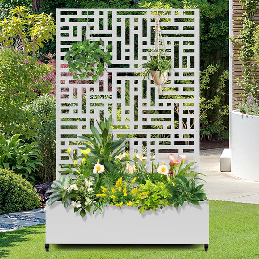 FENCY Metal Raised Garden Bed with Wheels and Trellis,73"x47"x16" Planter Box for Climbing Plants, Vegetables & Vines, Features Privacy Screen and Drainage Holes (White-Geometric Lattice)