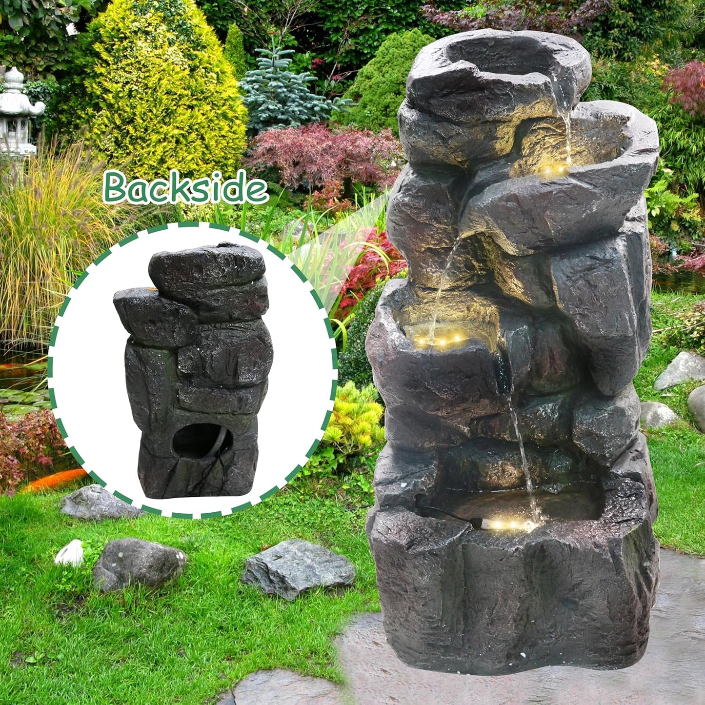 4-Tiers Cascading Rock Outdoor Water Fountain with LED Light, Standing Cascading Water Feature Faux Stacked Stones Waterfalls Decor for Garden Patio Yard and Lawn (Deep Grey)