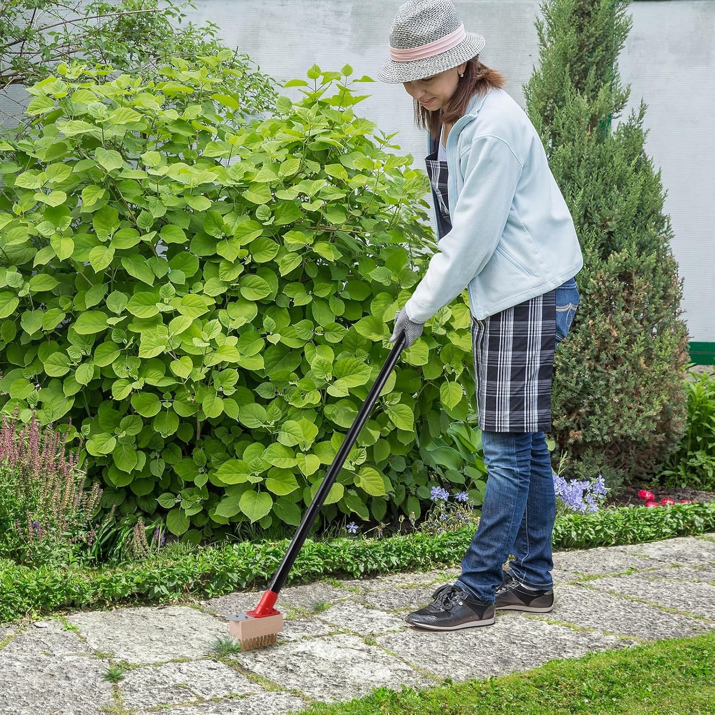 Moss Remove Brush with Long Handle(53IN), Deck Crevice Cleaning Tool, Weed Remover with Wire Brush & Metal Blade, Crack Moss Remover for Pavement Driveway Patio Sidewalk Paver(3 Brush Heads)