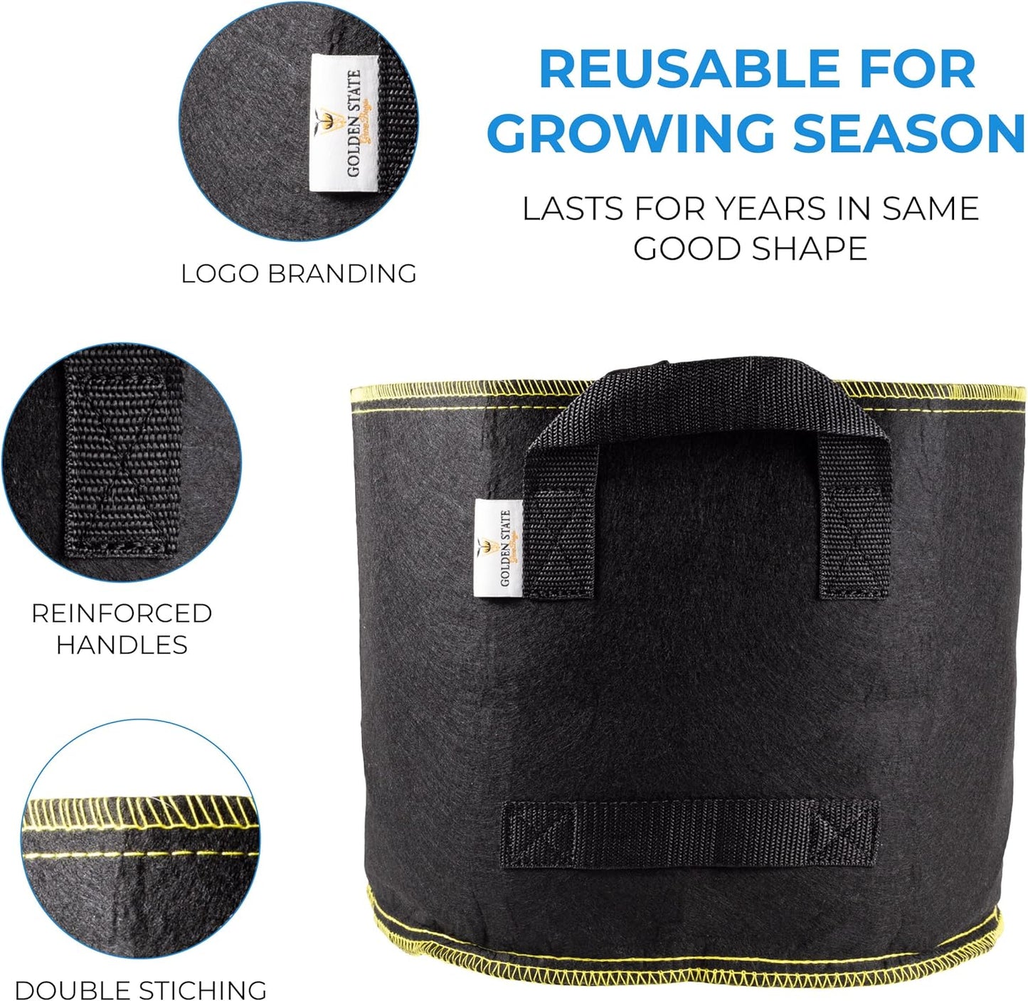 Grow Bags: 5-Pack (Size: 3 Gallon): 300gsm Black Felt Fabric w/Yellow Stitch, Biodegradable and eco-Friendly Material. (Handles + Dumping Handles-pat.Pend).