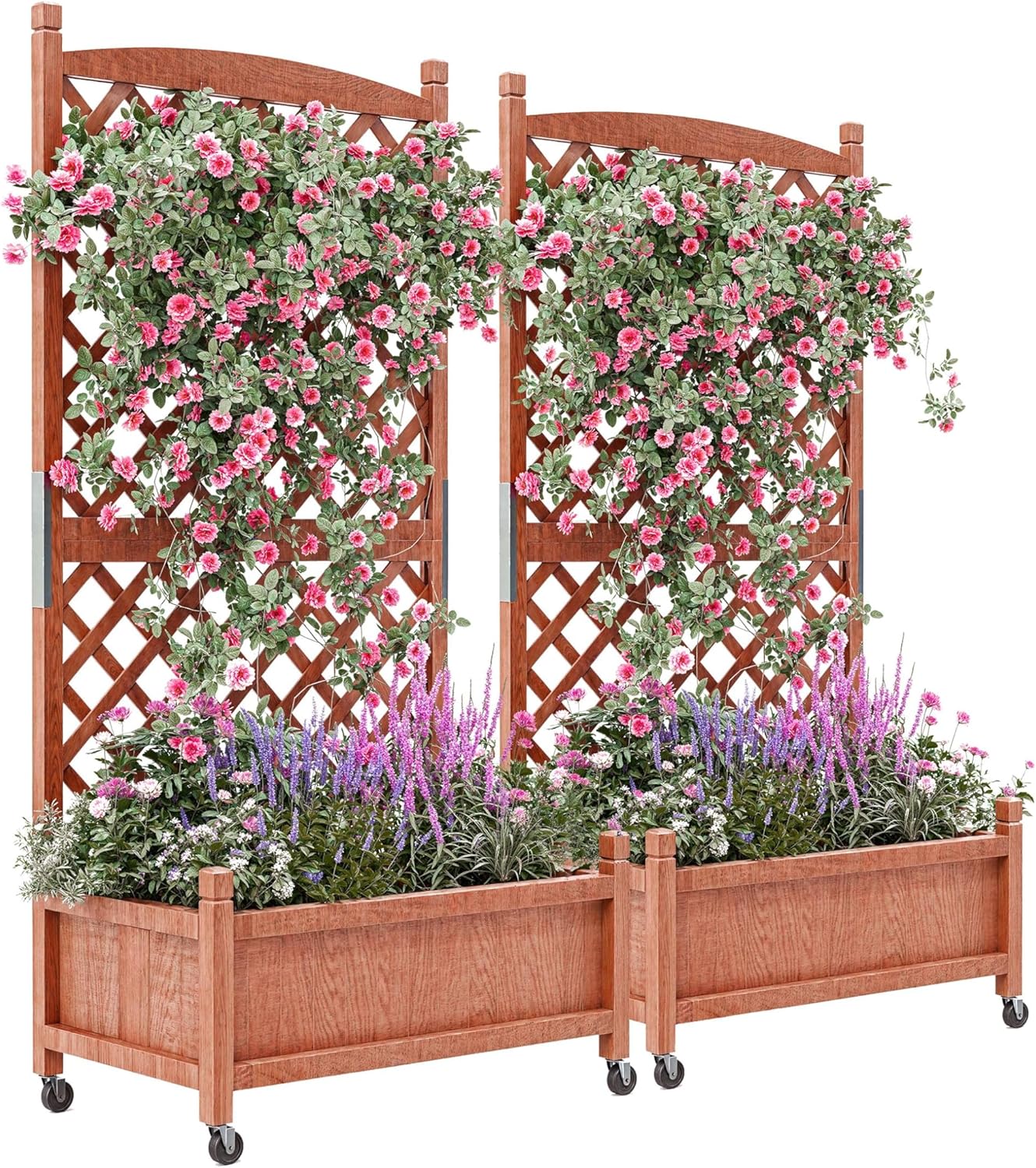 29.5" x 13"x 61.5" Wood Planter Box With Trellis For Plant & Flower, Raised Garden Bed With Wheels, Standing Vertical Horticulture Trellis Planter With Drainage Holes for Patio Garden, 2PCS