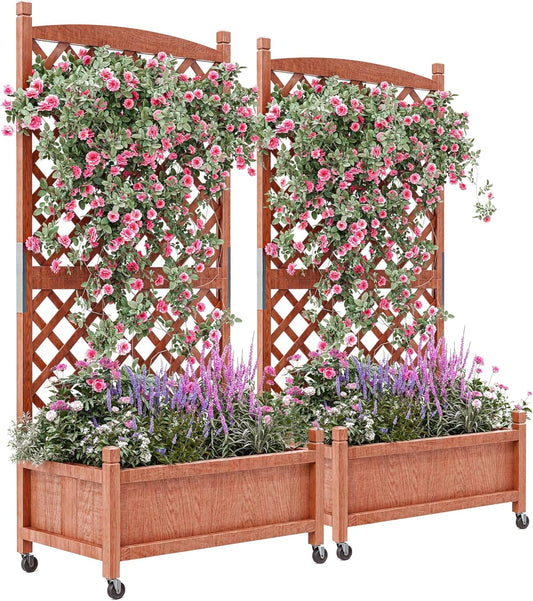 29.5" x 13"x 61.5" Wood Planter Box With Trellis For Plant & Flower, Raised Garden Bed With Wheels, Standing Vertical Horticulture Trellis Planter With Drainage Holes for Patio Garden, 2PCS
