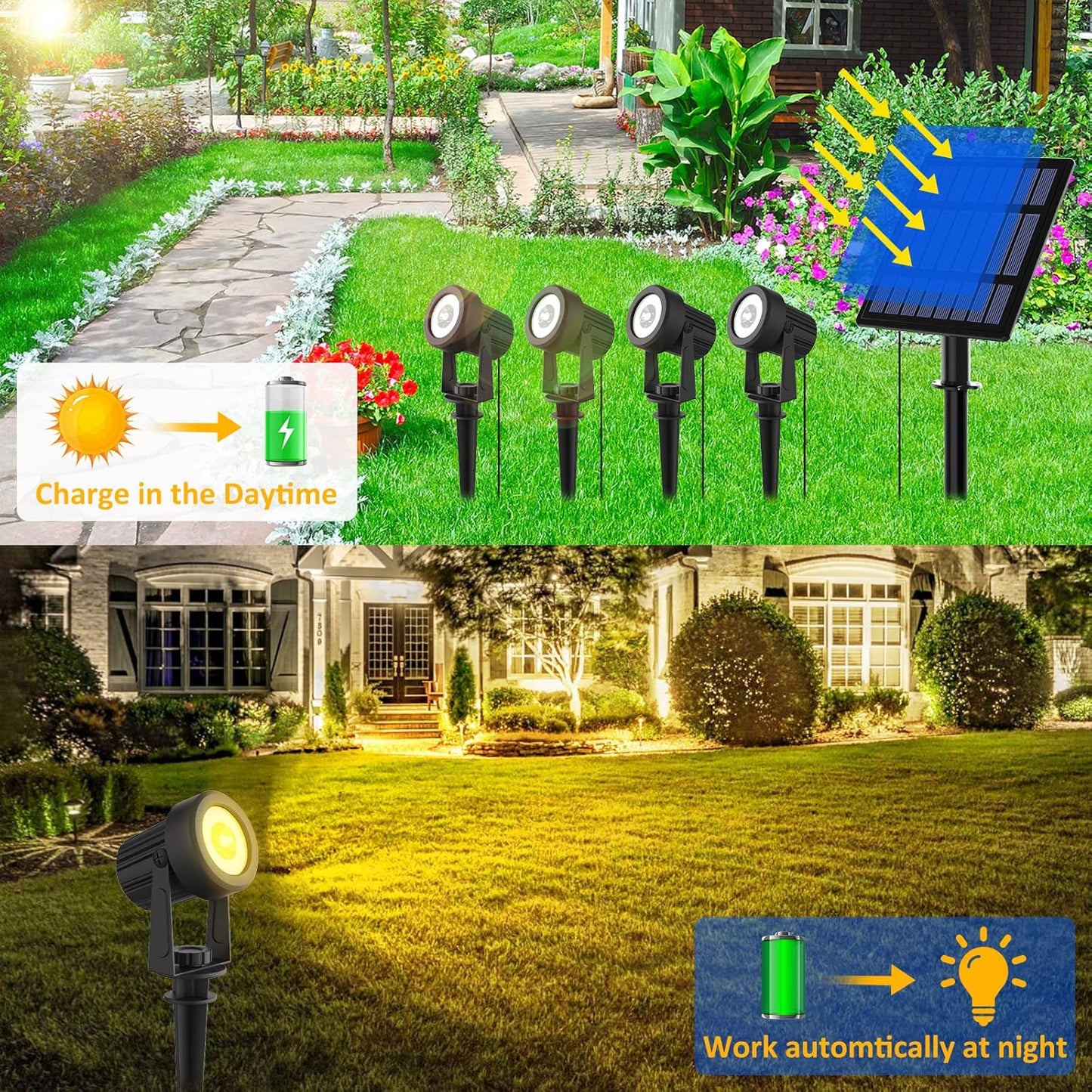 T-SUNUS Solar Garden Spotlight Outdoor Halloween, 4-in-1 Spot Lights IP65 Waterproof 9.8ft Cable 5W Separated Panel, Auto On/Off for Flag Christmas Tree Patio Yard Driveway Pathway Warm White 3000K