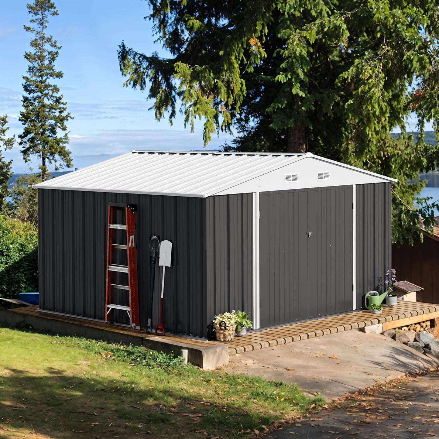 Devoko 10 x 10 FT Outdoor Storage Shed, Metal Garden Sheds & Outdoor Storage Clearance, Large Tool Shed Outdoor with Single Lockable Door for Patio Lawn Backyard (Gray)