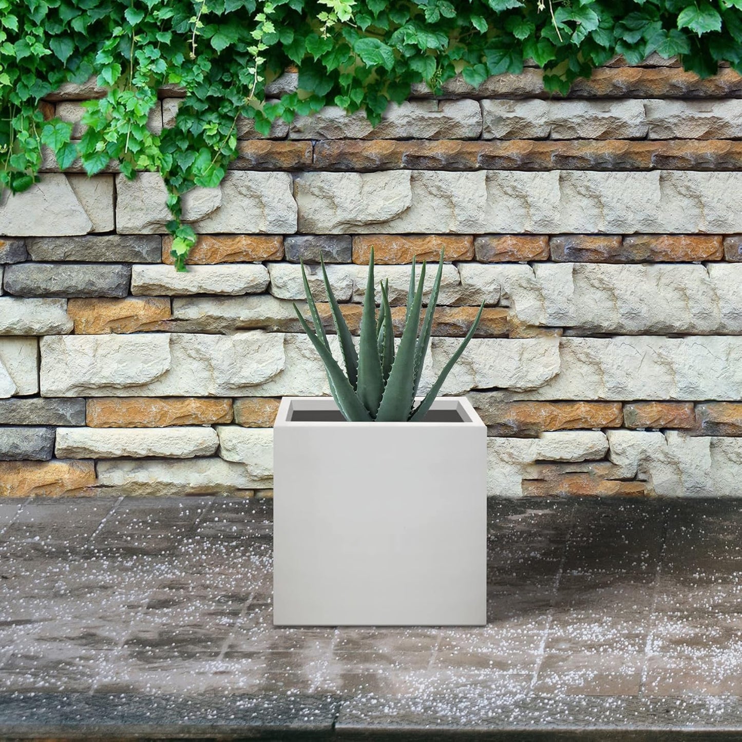 Kante 12 Inch Square Concrete Planter for Outdoor Indoor Home Patio Garden, Large Plant Pot with Drainage Hole and Rubber Plug, Pure White