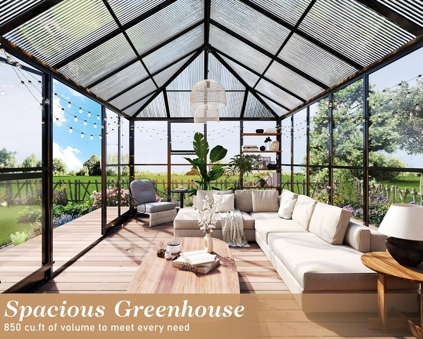 HOWE 14x9.5x9 FT Pavilion Styled Greenhouse with Clear Panels Double Swing Doors, 6 FT Wall Height Hybrid Polycarbonate Greenhouse, Green Houses for Outdoors, Sunroom Black