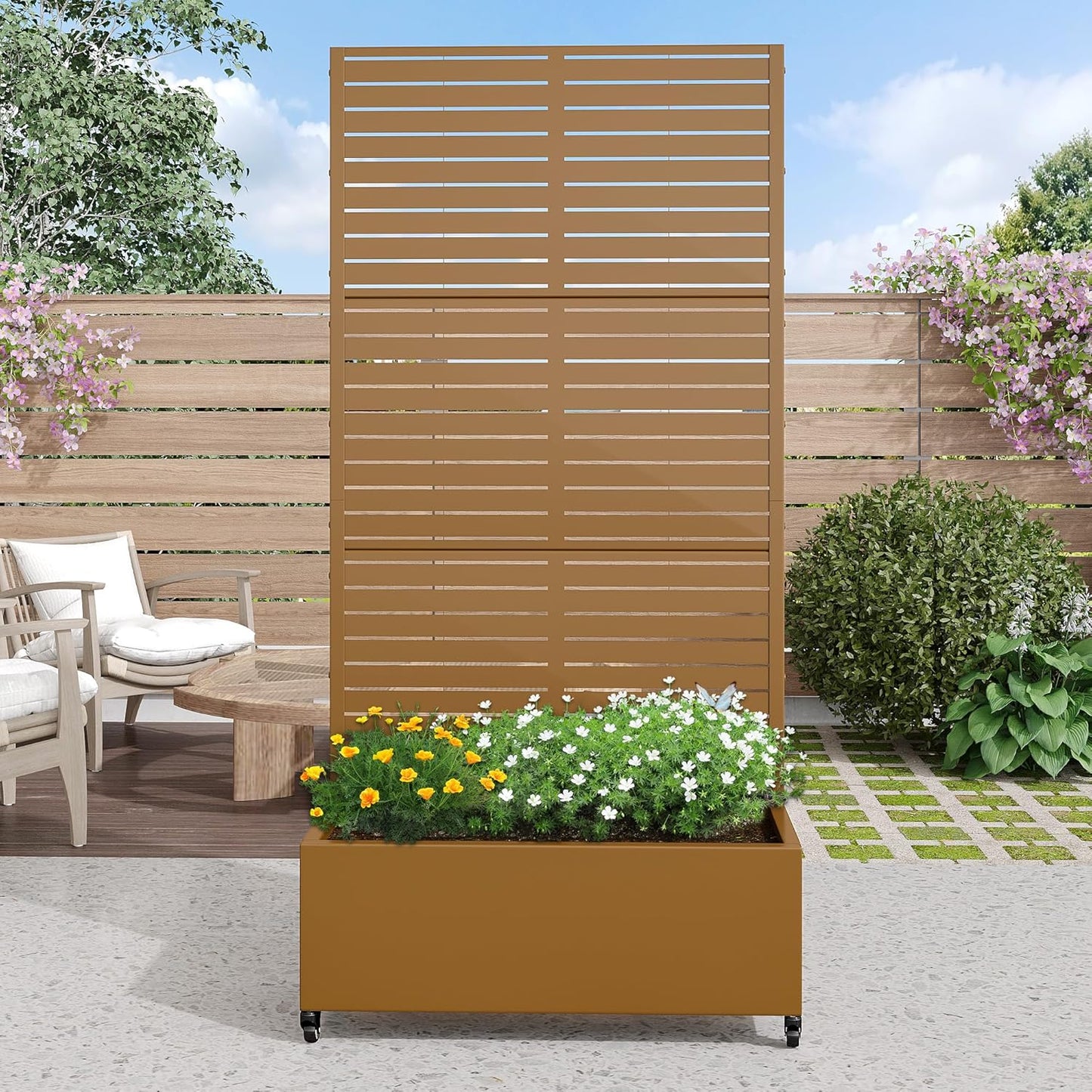 Casaphoria Metal Raised Garden Bed with Trellis and Wheels, 72"x35"x16" Planter Box for Climbing Plants, Vegetables & Vines, Features Drainage Holes and Privacy Screen (Brown-Louvered)
