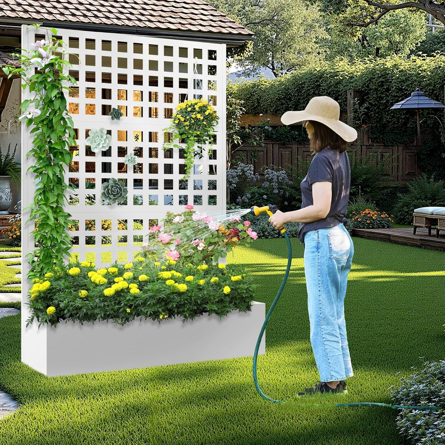 Metal Raised Garden Bed with Trellis, 2 in 1 Trellis with Planter Box & Privacy Screen for Climbing Plants, Vine, Outdoor Standing Flower Beds with Drainage Holes, 47.2"L x 16.7"W x 70.8"H, White