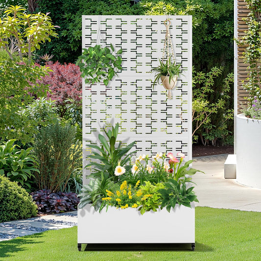 FENCY Metal Raised Garden Bed with Wheels and Trellis,73"x35"x16" Planter Box for Climbing Plants, Vegetables & Vines, Features Privacy Screen and Drainage Holes (White-Brick)