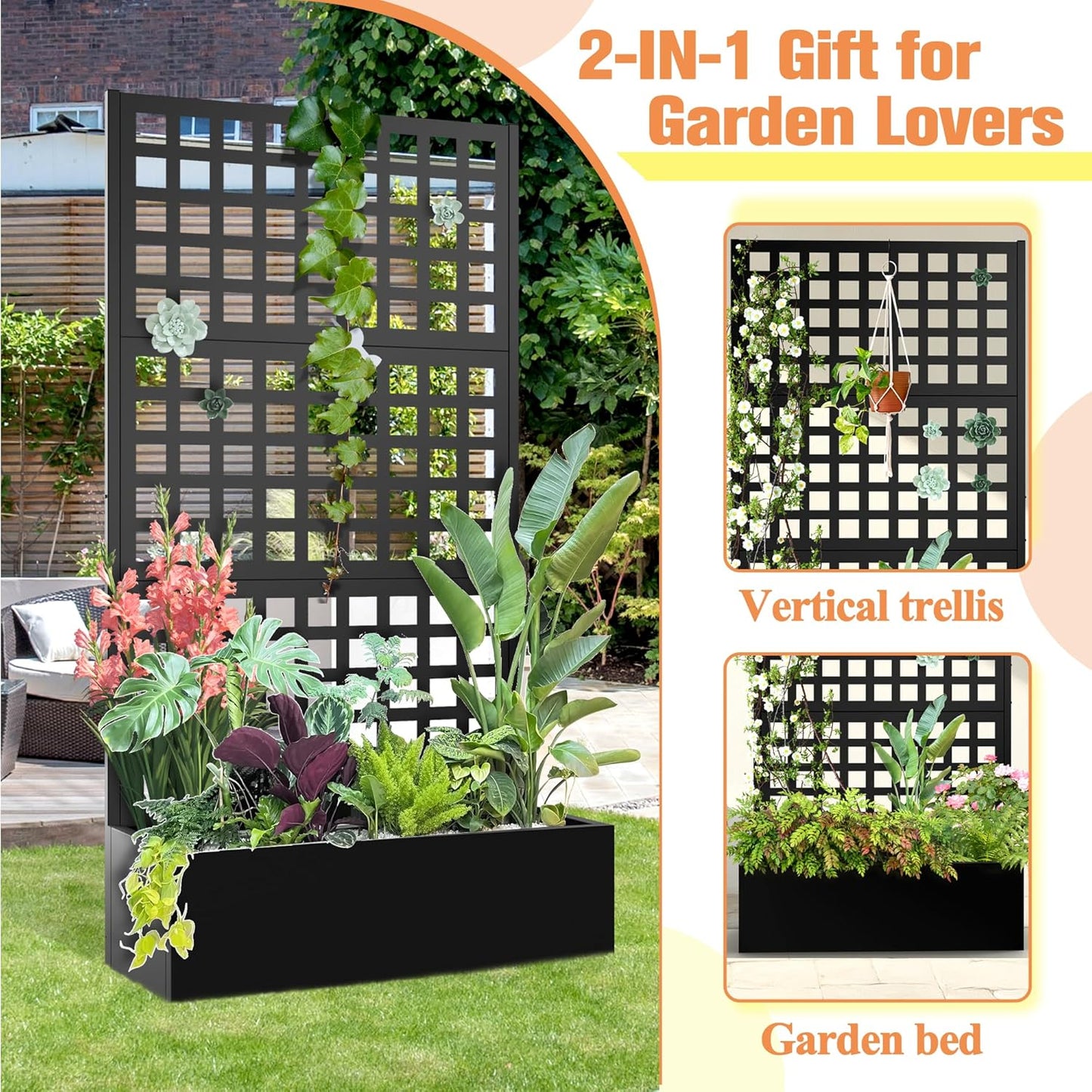 Metal Planter Box with Trellis & Wheels, Raised Garden Bed with Privacy Screen, Outdoor Standing Flower Beds with Drainage Hole for Climbing Plants, Vine, 35" Lx16 Wx71 H