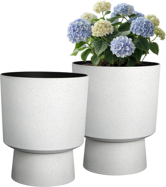 16.75"H Urn-Style Tall Planters, 2-Pack Modern Large Flower Pots for Outdoor Indoor, 2-in-1 Design Plant Containers for Garden Patio Yard Balcony Porch or Home Decor, White Terrazzo, UV-Protect