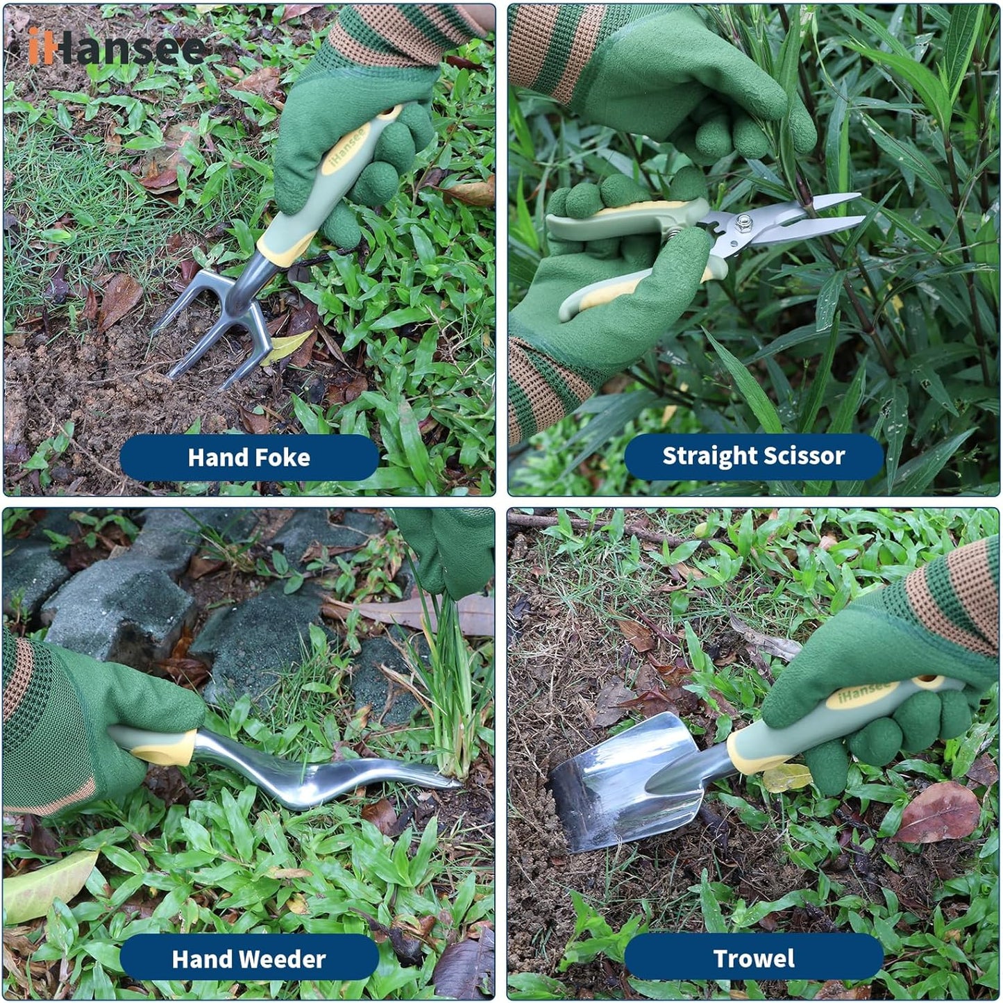 Set of 12 Garden Tool, iHansee Heavy-Duty Aluminum Gardening Hand Tools with Rubber Non-Slip Handle, Garden Apron, Gloves, Kneeling Pad and Storage Bag, Garden Hand Tools Starter Kit Landscaping Tools