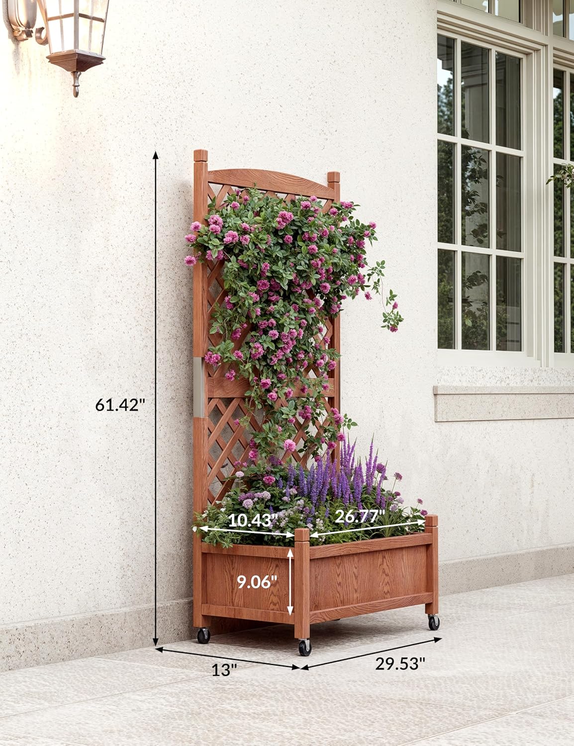 29.5" x 13"x 61.5" Wood Planter Box With Trellis For Plant & Flower, Raised Garden Bed With Wheels, Standing Vertical Horticulture Trellis Planter With Drainage Holes for Patio Garden, 2PCS