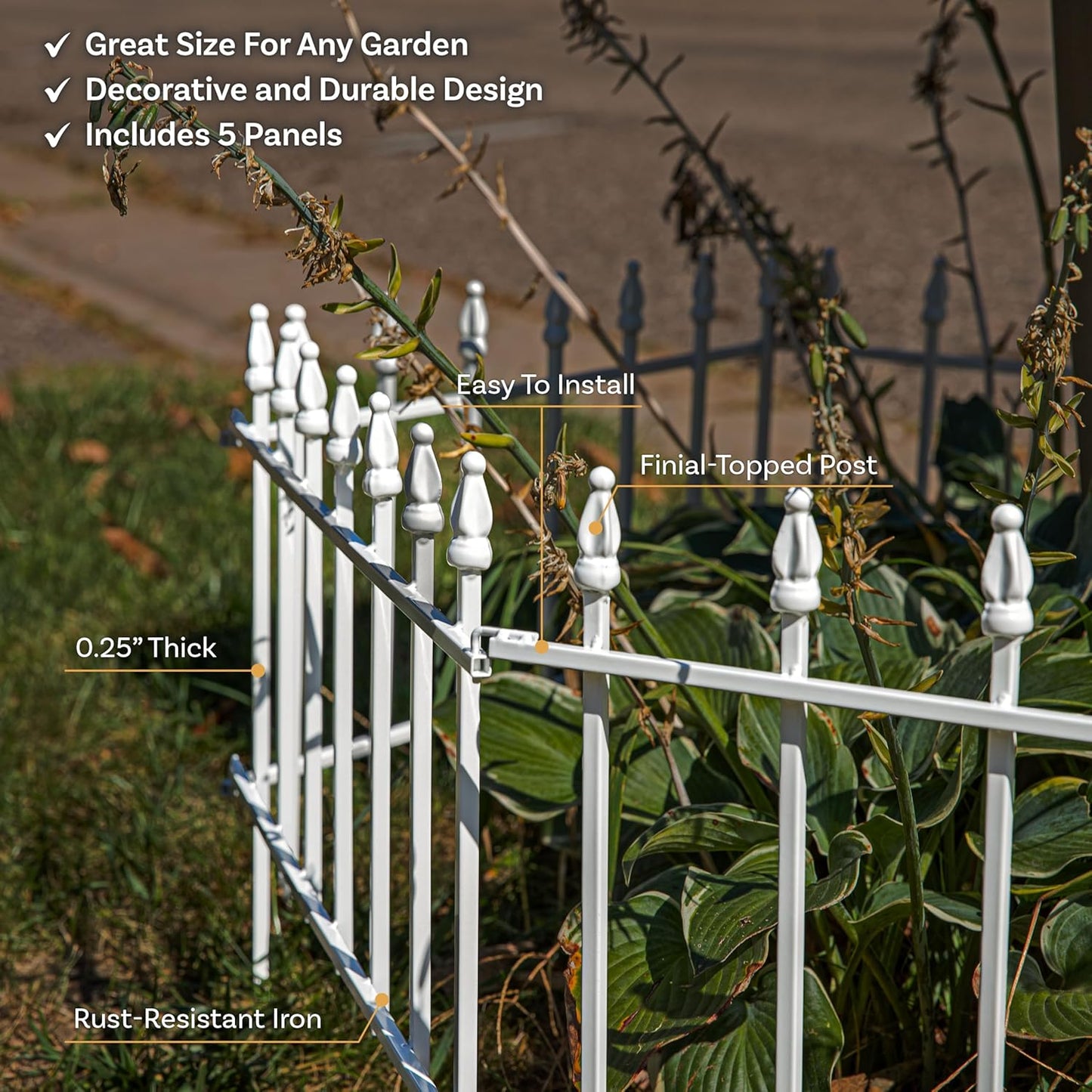 Sunnydaze 5-Panel Roman Iron Decorative Garden Fence Border - 9ft L x 18in H No Dig Metal Garden Fencing for Animal Barrier, Flower Bed, Yard - White