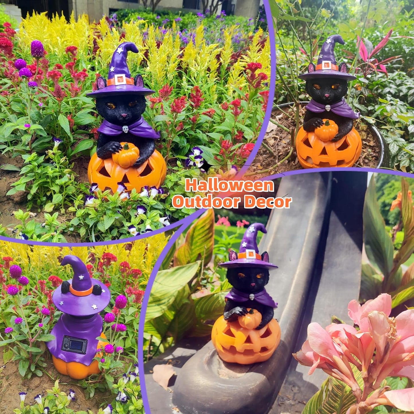 Halloween Decorations Solar Spooky Lights Outdoor Black Cat Pumpkin Figurine Light Garden Statue Decor for Outside Patio Front Porch Yard, Home Decor Gifts for Halloween, Christmas