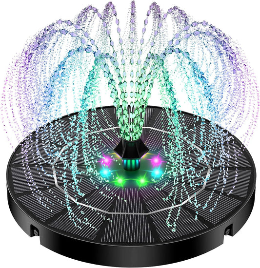 Solar Fountain with Colorful Lights,High Efficiency Solar Water Fountain with 2200mAh Battery 7 Nozzles and 4 Fixer,Solar Fountain for Bird Bath Garden Outdoor Décor