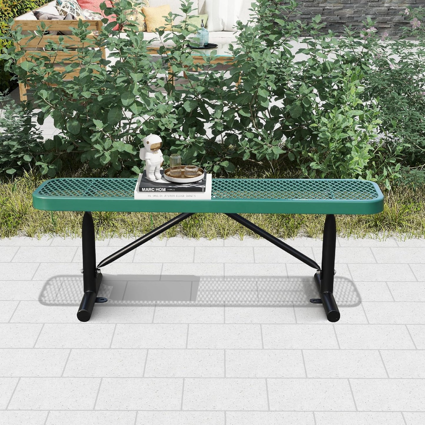 4 Feet Heavy Duty Metal Park Bench for Outside, Outdoor Bench with Portable Frame, Commercial Benches for Shopping Mall, Store, Park, Patio, Deck, Green