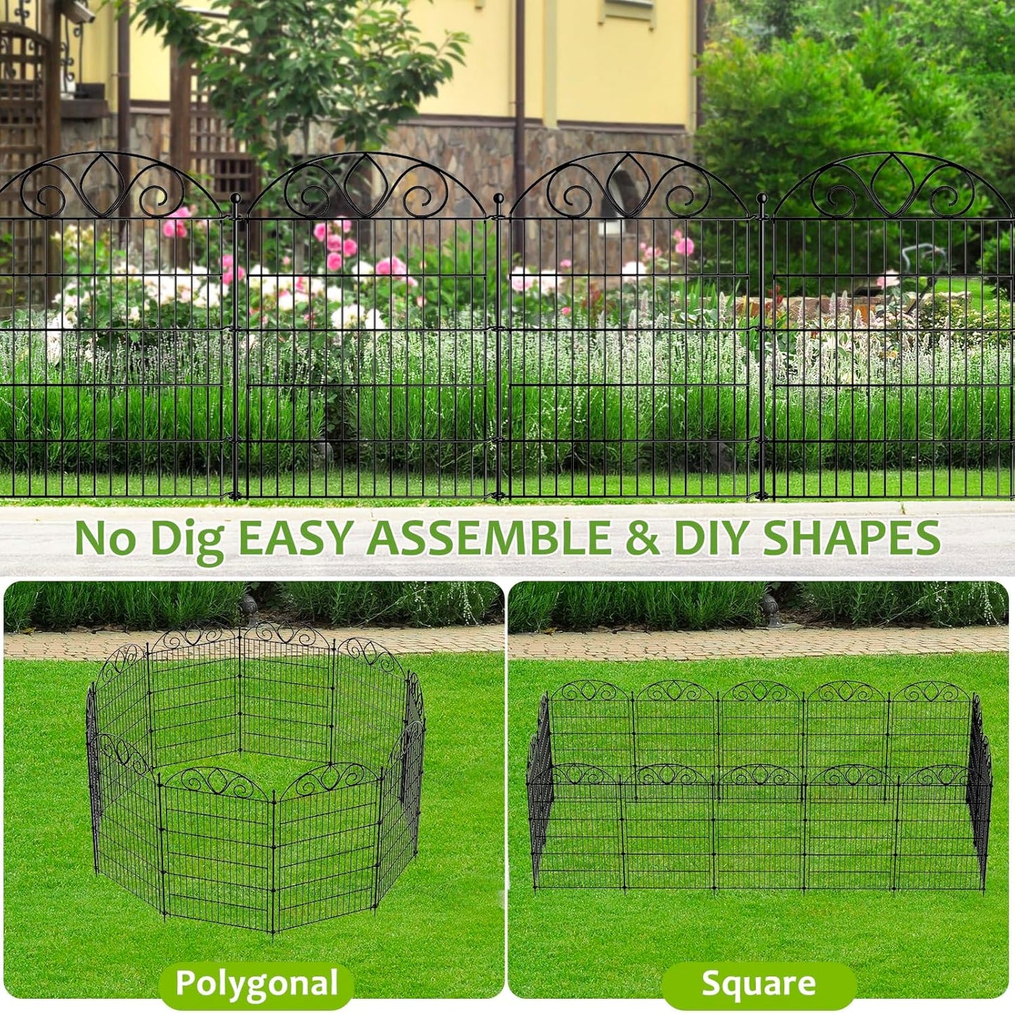 4 Panels No Dig Tall Garden Fence Panel – 48" H X 10.5' L Rustproof Metal Dog Fence Outdoor for Yard, Decorative Animal Barrier Fence for Pet, Garden Border, Patio, Flower Beds| Temporary Fencing