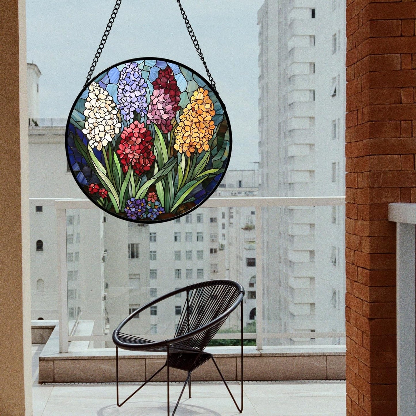 Stained Glass Window Hanging, Colorful Hyacinth Flowers Suncatcher for Doors Window Home Plant Sun Catchers Decoration Mother's Day Birthday Gifts for Women, Men, and Mom 7.8x7.8 in