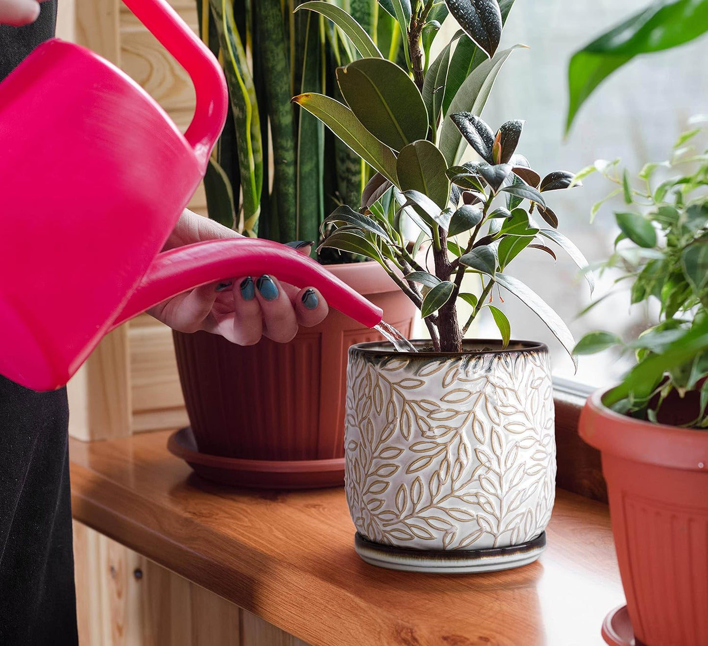 D'vine Dev 5 Inch Embossed Leaves Stoneware Planter Pot with Drainage Hole and Saucer, Smoked White, Set of 1, 27-A-V-1