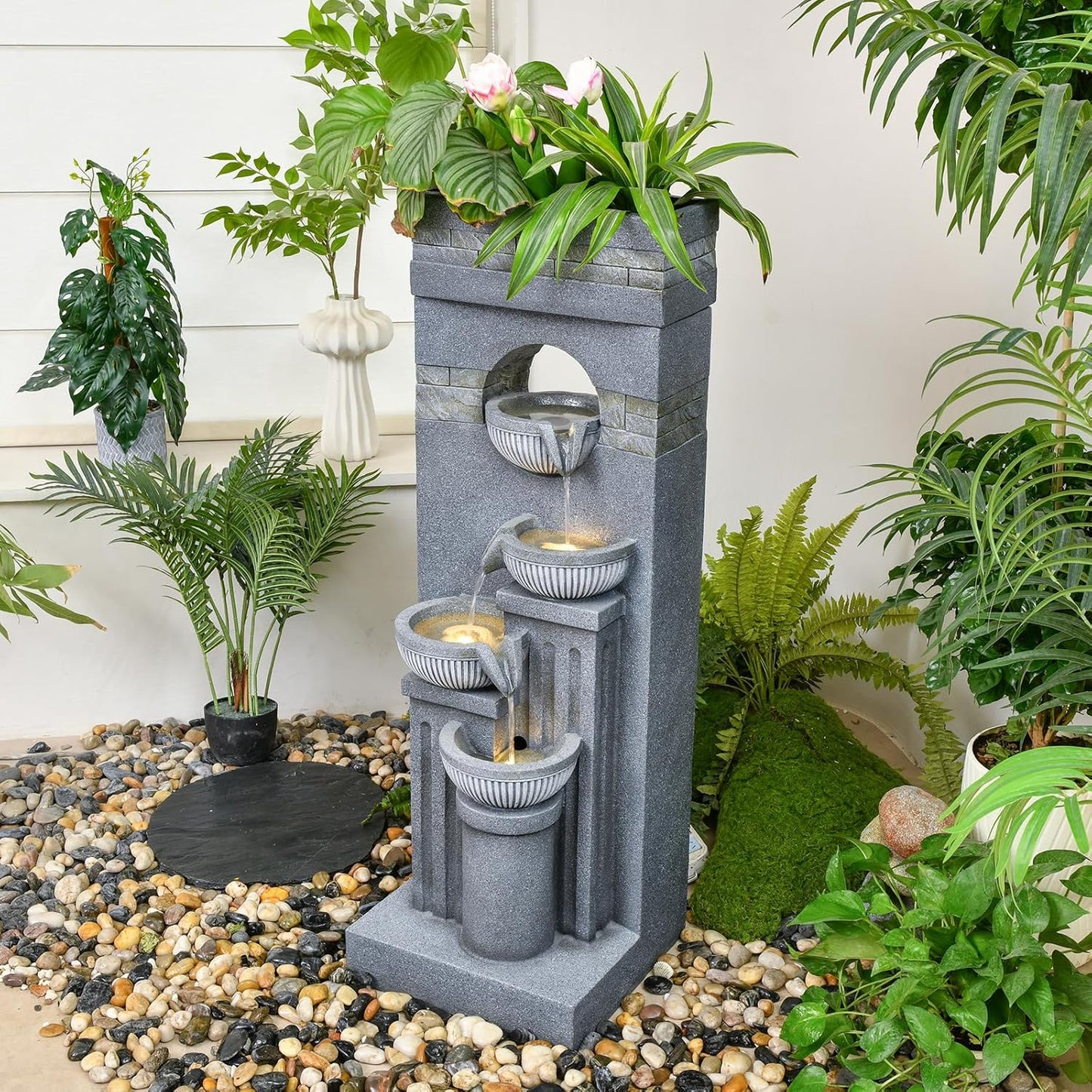 42.52" Outdoor Garden Water Fountain with Lights Floor-Standing 4 Tiers Cascading Large Waterfall Fountain for Patio, Backyard, Deck, Porch and Home Art Decor