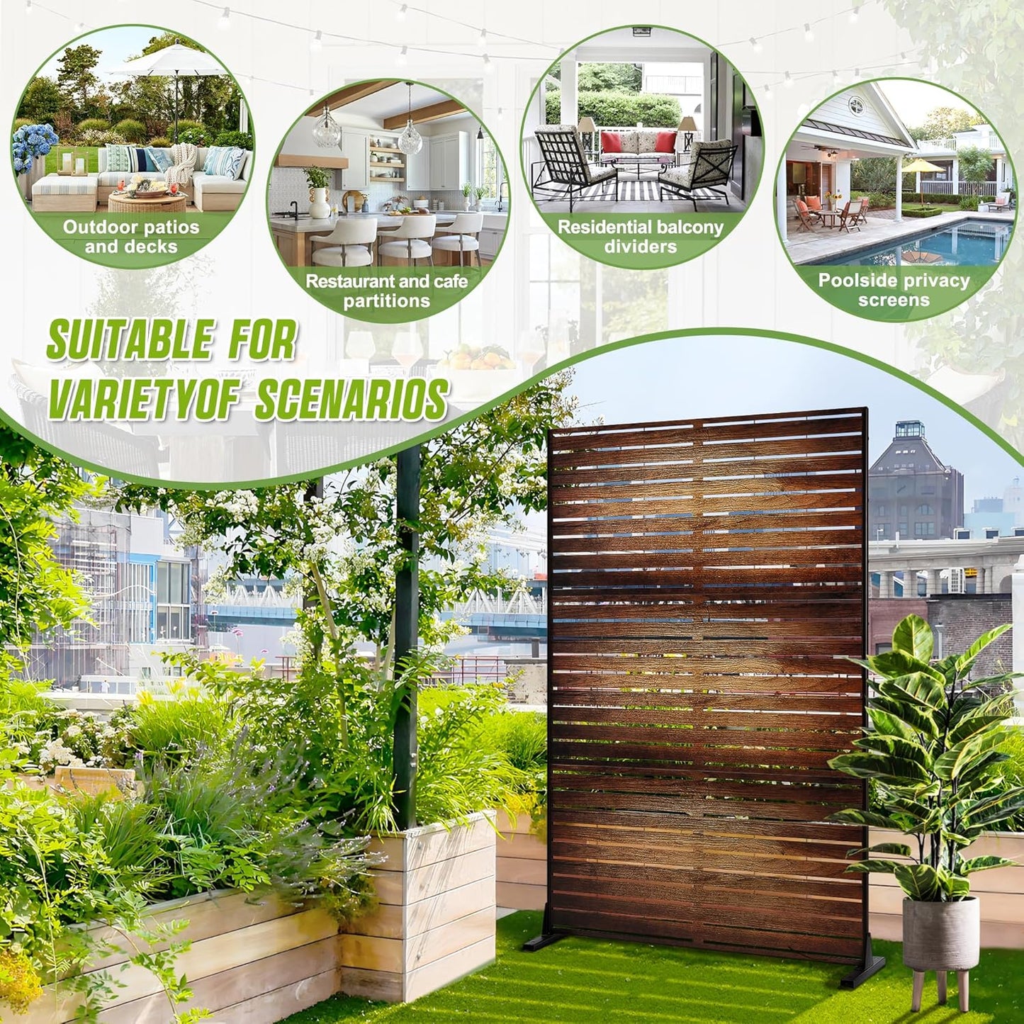 FENCY Metal Outdoor Privacy Screen 72" H×47" W Vintage Wood Color Patio Privacy Screen, Freestanding Decorative for Deck Balcony Patio