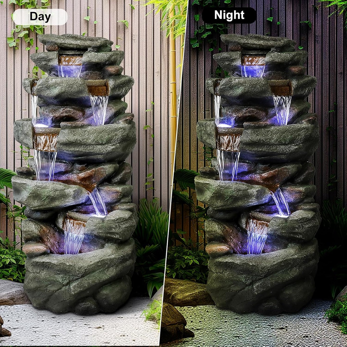 6-Tier Rockery Outdoor Fountain - 40.5”High Outdoor Waterfall Fountain with Lights for Home&Office Decor, Stacked Rock Cascading Relaxation Garden Features Outdoor for Patio, Yard, Deck