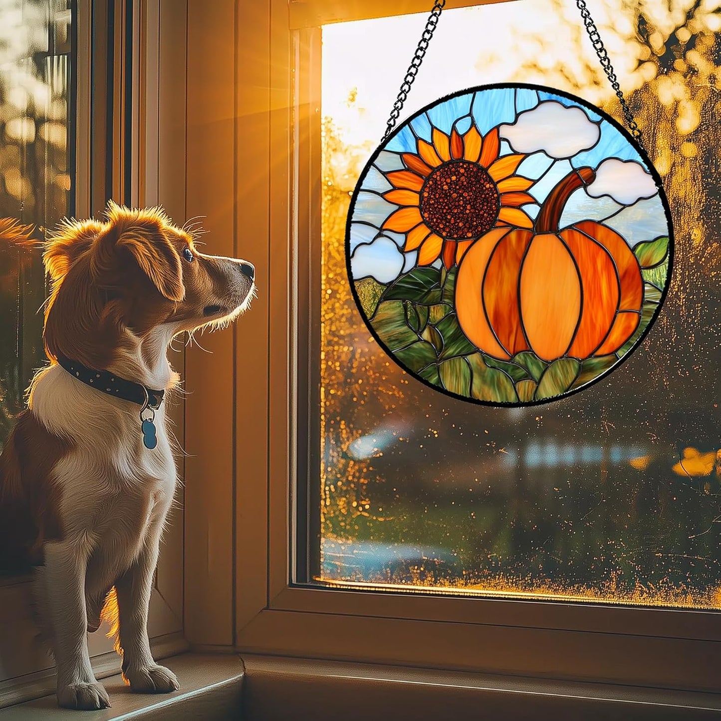 Stained Glass Window Hanging Fall Farm Scenery Sunflower Pumpkin 7.8" - Suncatcher Door Garden Kitchen Sunroom Sun Catcher Home Decor Birthday for Mom Grandma Men Woman