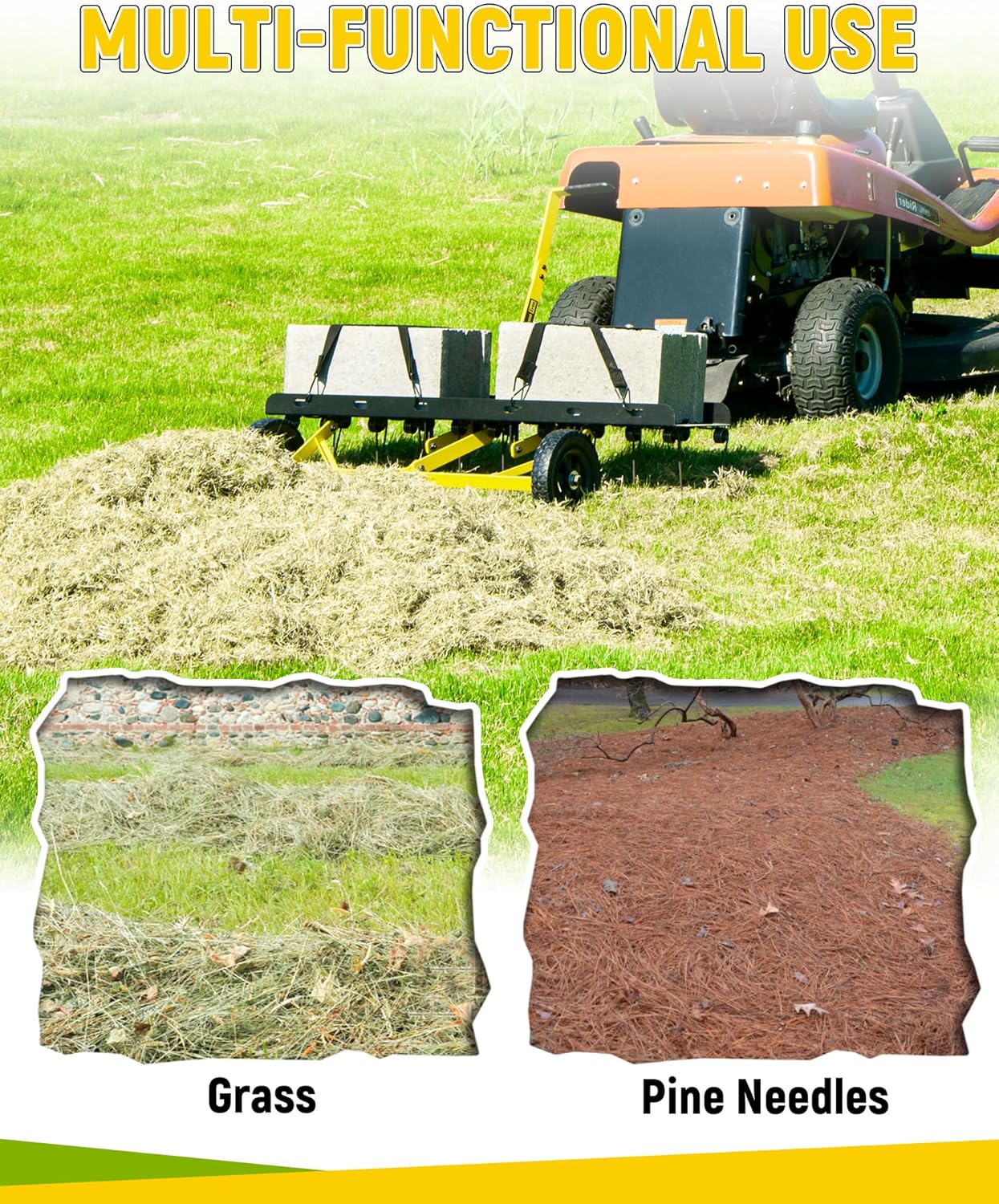 40 Inch Tow Behind Dethatcher, Pull Behind Lawn Dethatcher with 20 Spring Steel Tines, Grass Dethatcher, Removes Thatch, Riding Lawn Tractor for Large Lawns, Yard and Garden Care