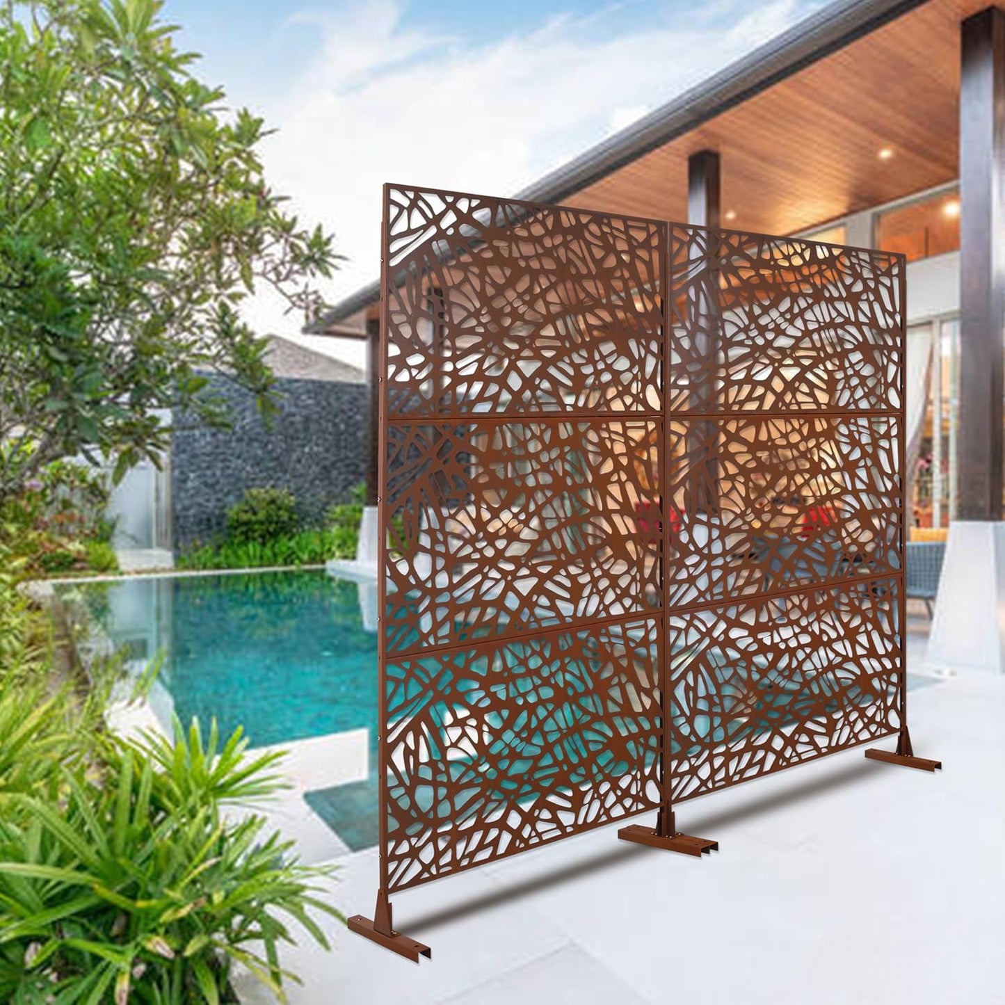 Metal Privacy Screens 76" H Outdoor Privacy Screens Panels Outdoor and Indoor Branch Pattern Divider Freestanding Decorative for Balcony Patio Garden Room Divider, Rust Red
