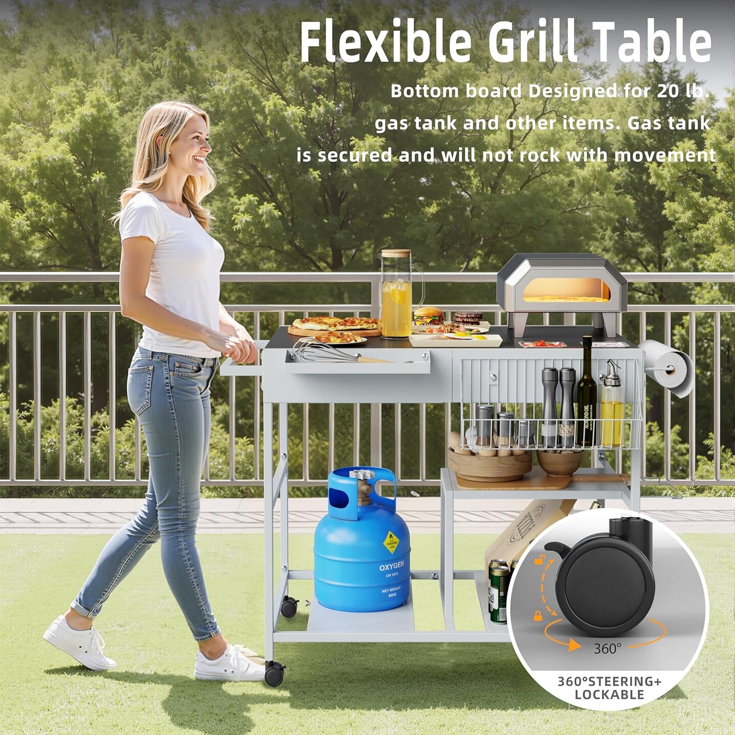 Vongrasig Pizza Oven Table with Topping Station, Outdoor Grill Cart with Storage for Blackstone Grill Ooni Pizza Ovens, Outdoor Kitchen Island Movable Grill Table Bar Cart