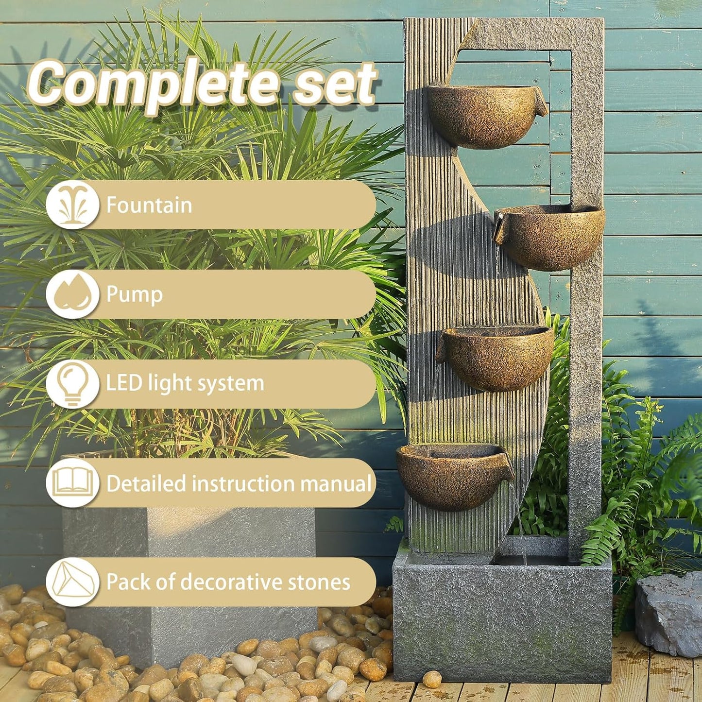 Outdoor Waterfall Fountain 5 Tier Tall Design 49.2 Inch Water Fountain with LED Lights and Pump Decorative Water Feature for Garden Patio Backyard