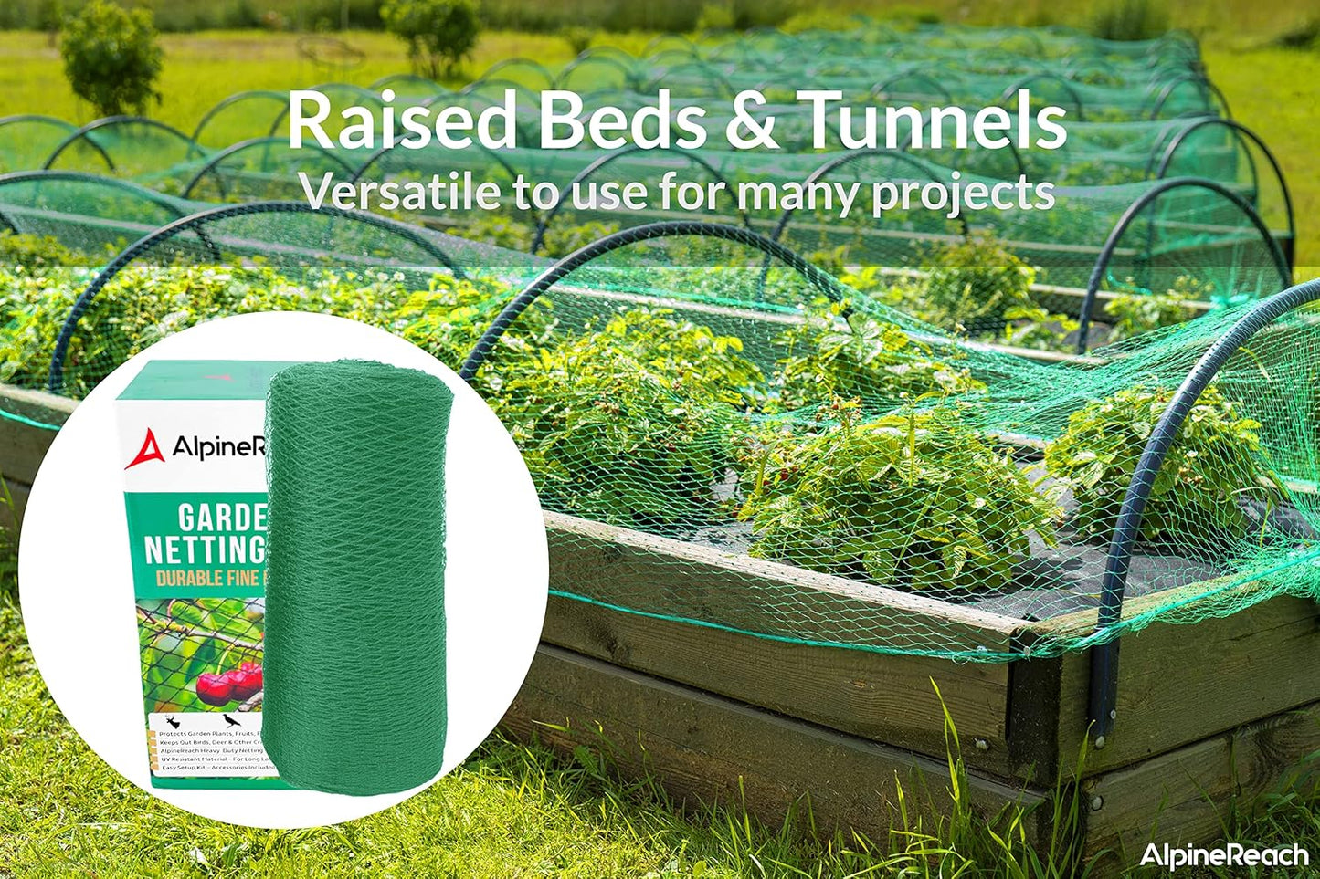 AlpineReach Garden Netting 15 x 30 ft Heavy Duty Bird Net, Deer, Plant Protection Extra Strong Woven Mesh, Reusable Kit with Zip Ties, Animal Fencing for Fruits Trees, Green